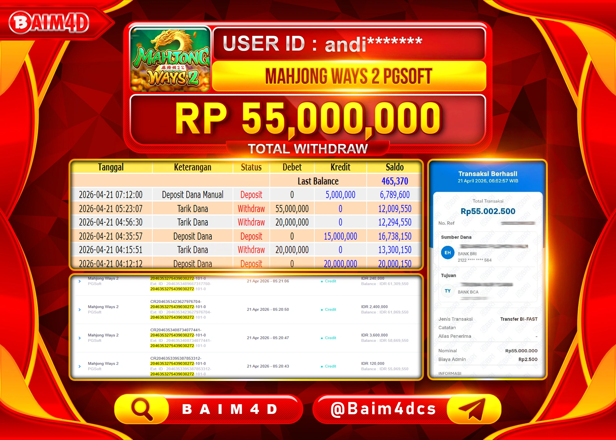 BAIM4D JACKPOT SLOT MAHYONG WAYS 2 Rp.55,000,000 - LUNAS