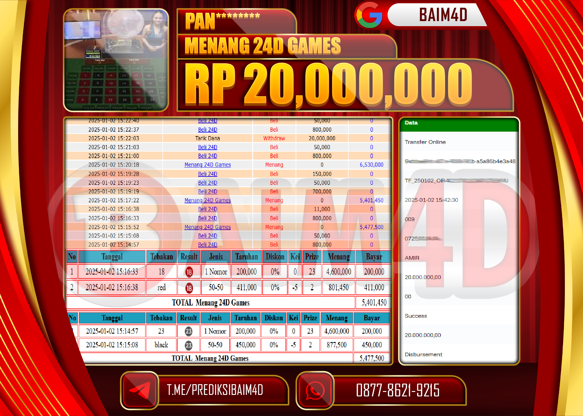 BAIM4D JACKPOT  Menang 24D Games 1000 Rp.20,000,000.- LUNAS