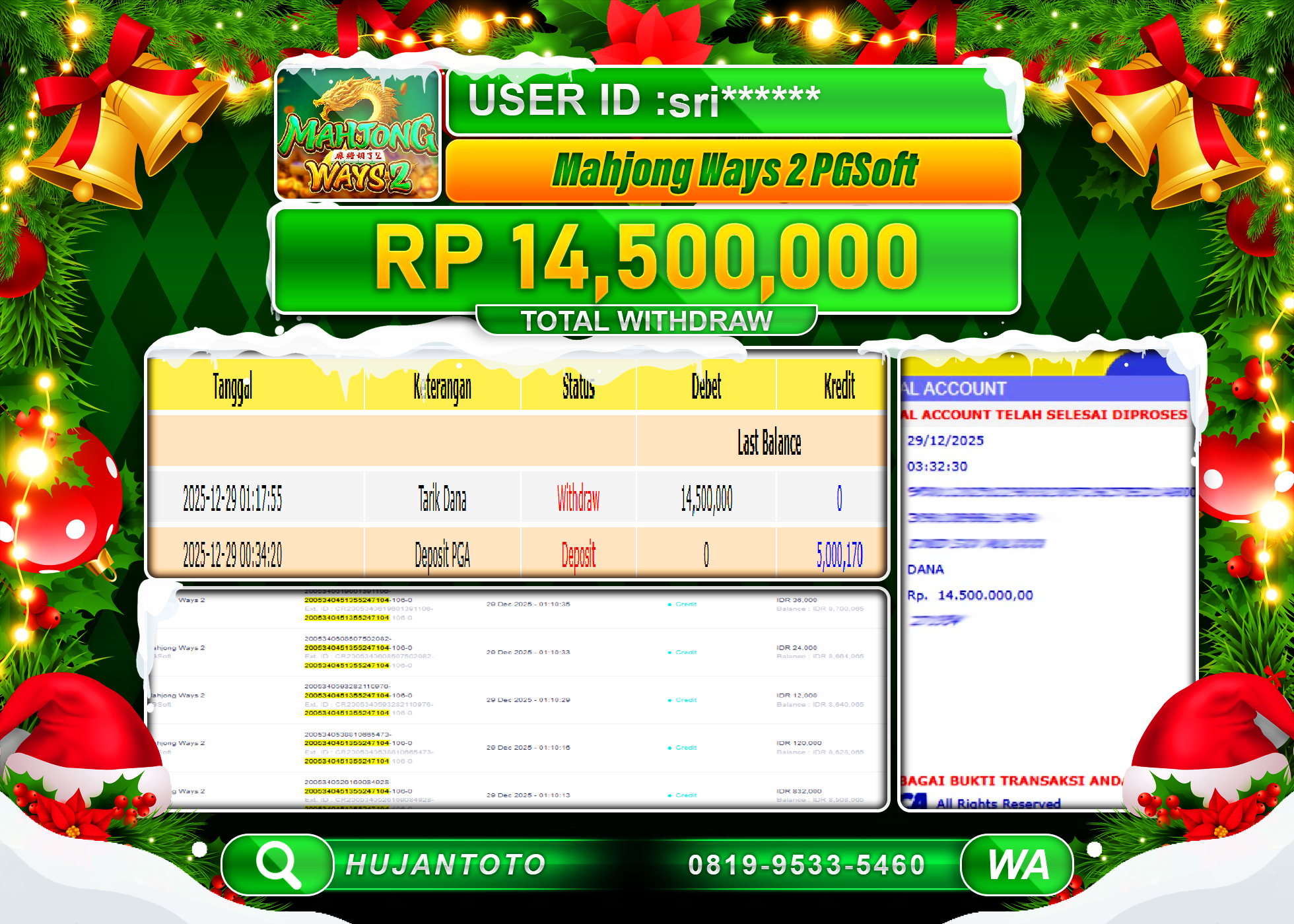 HUJANTOTO - BUKTI JACKPOT MENANG SLOT MAHJONG WAYS 2 Rp.14,500,000 - TERBAYAR LUNAS
