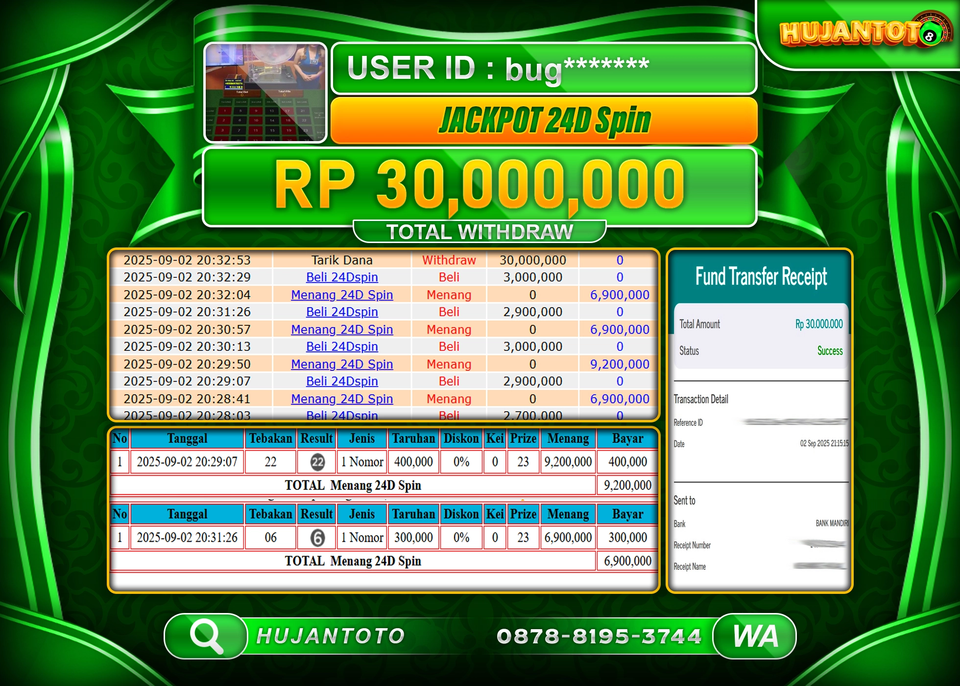 HUJANTOTO - BUKTI JACKPOT DI PERMAINAN GAME 24D SPIN Rp.30,000,000 - TERBAYAR LUNAS