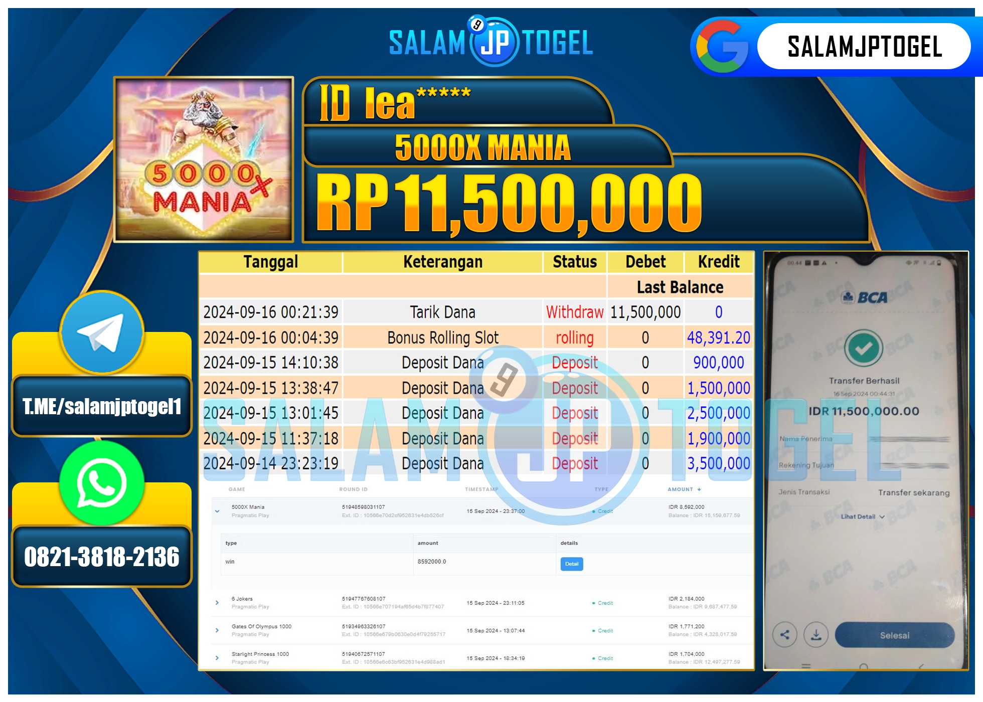 SALAMJPTOGEL MENANG SLOT 5000X Mania RP. 11,500,000 LUNAS