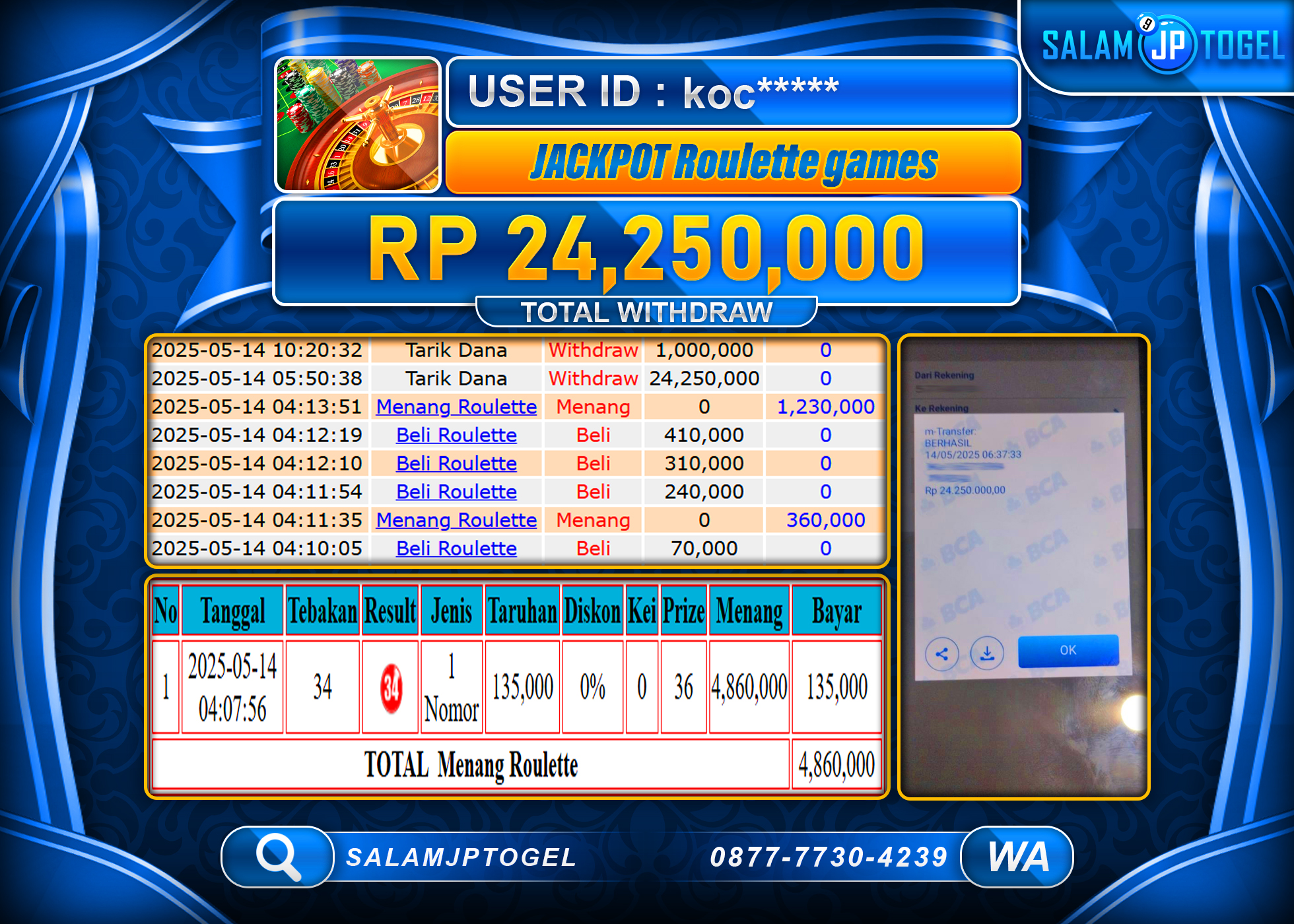 SALAMJPTOGEL MENANG ROULETTE GAMES Rp.24,250,000 LUNAS