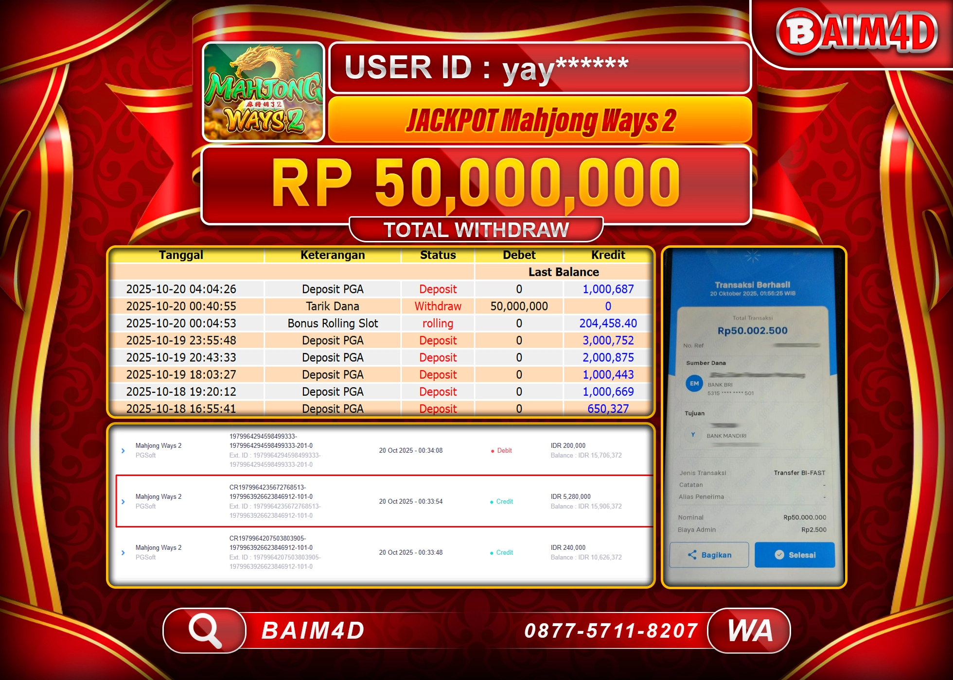 BAIM4D JACKPOT SLOT MAHJONG WAYS PG SOFT Rp.50,000,000.- LUNAS