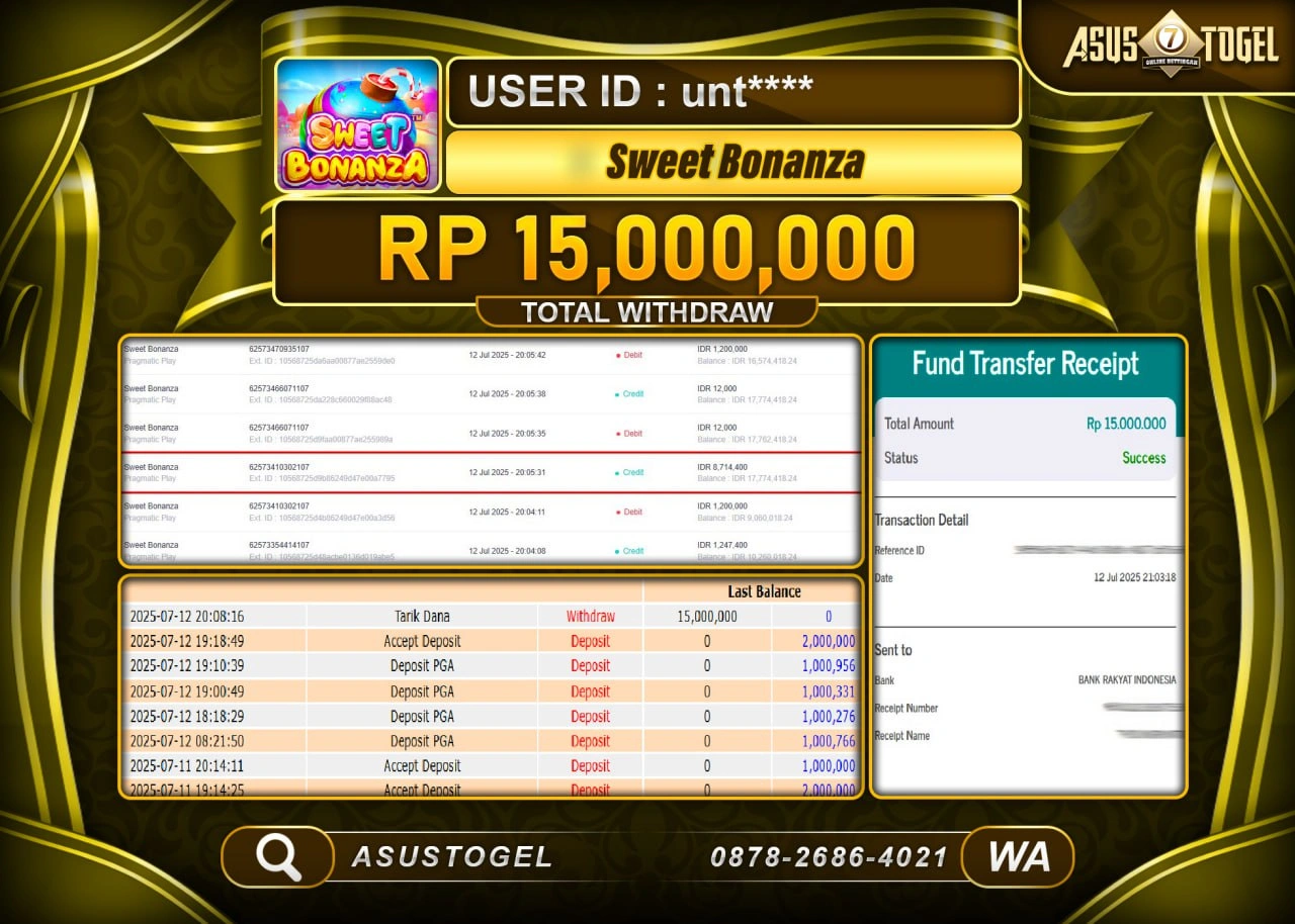 ASUSTOGEL KEMENANGAN DI SLOT SWEET BONANZA SEBESAR 15,000,000- RUPIAH LUNAS
