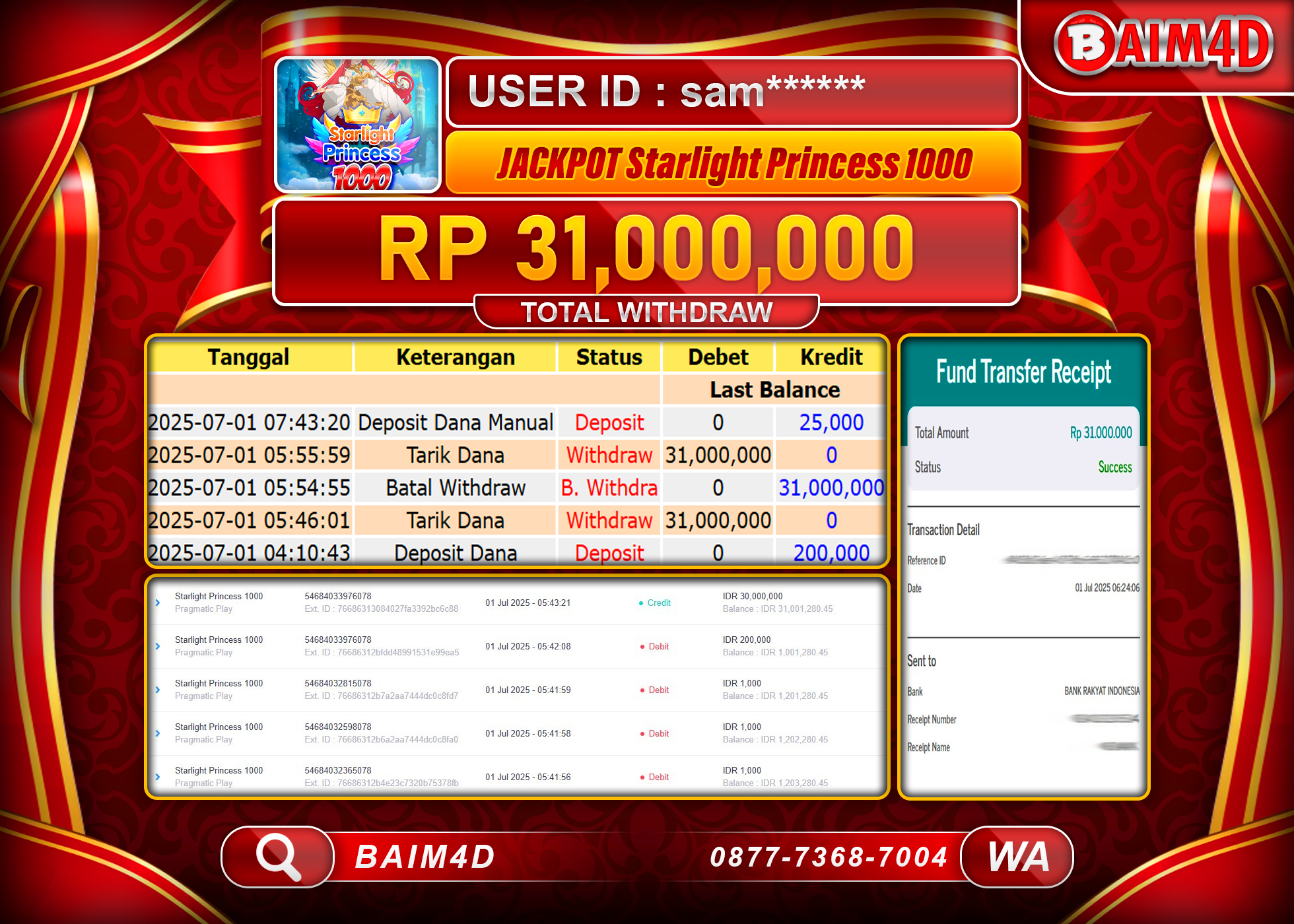BAIM4D JACKPOT SLOT STARLIGHT PRINCESS 1000 Rp.31,000,000.- LUNAS