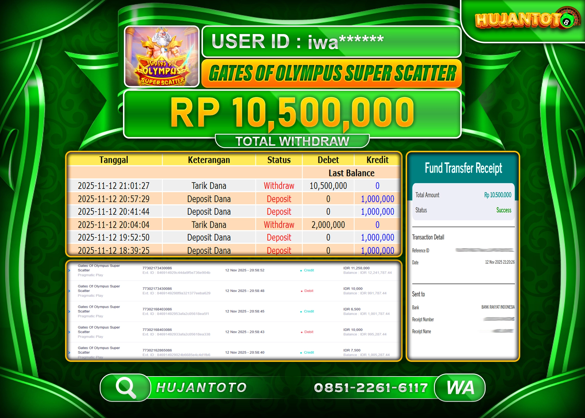 HUJANTOTO - BUKTI JACKPOT GATES OF OLYMPUS SUPER SCATTER Rp.10,500,000 - TERBAYAR LUNAS