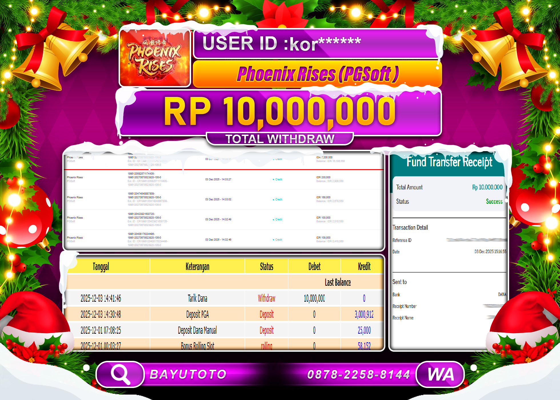 SELAMAT MEMBER SETIA BAYUTOTO JACKPOT DI SLOT PHOENIX RISES (PGSoft) Rp. 10,000,000 LUNAS