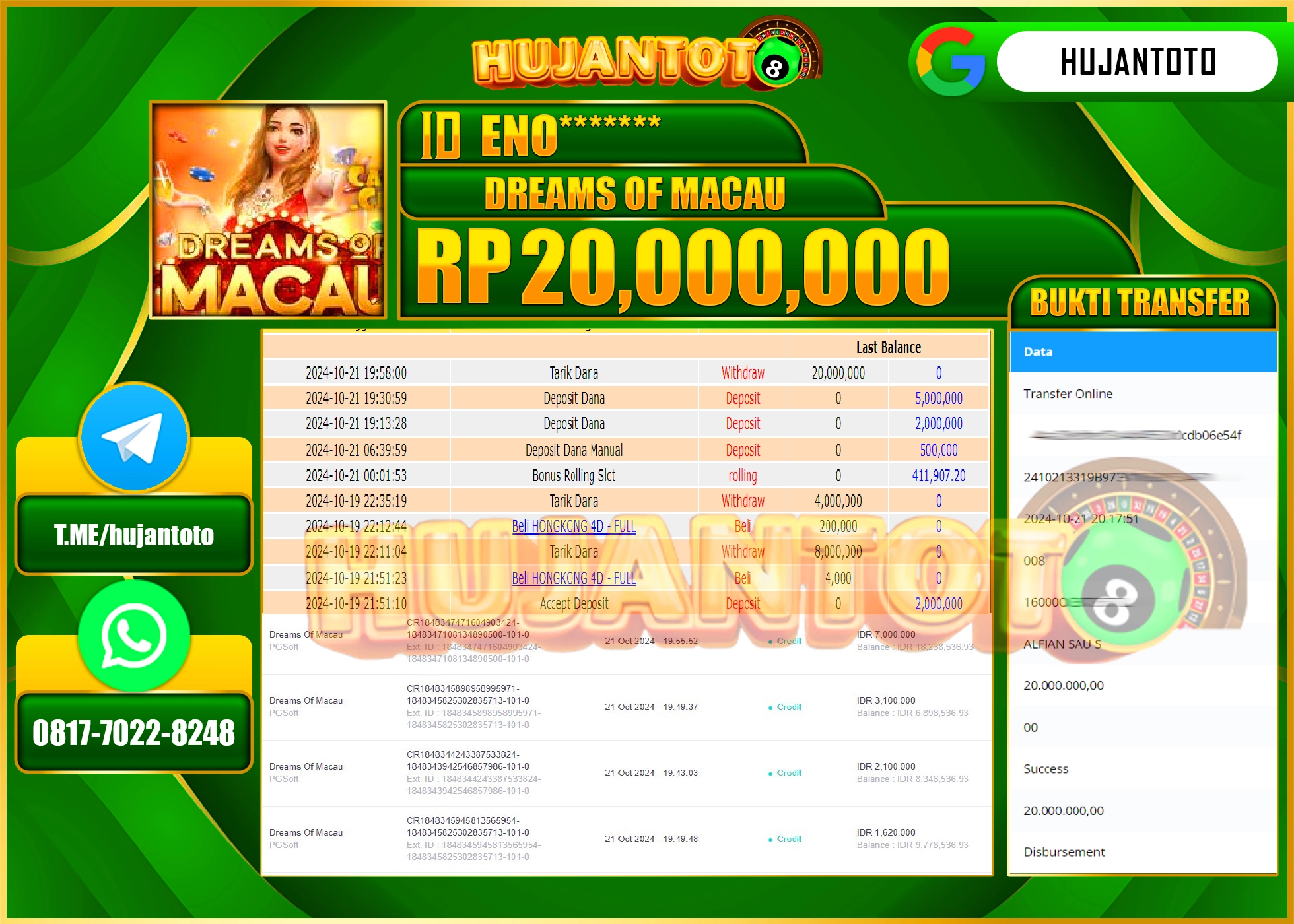 HUJANTOTO MENANG DI PERMAINAN SLOT DREAMS OF MACAU - 20,000,000 - LUNAS