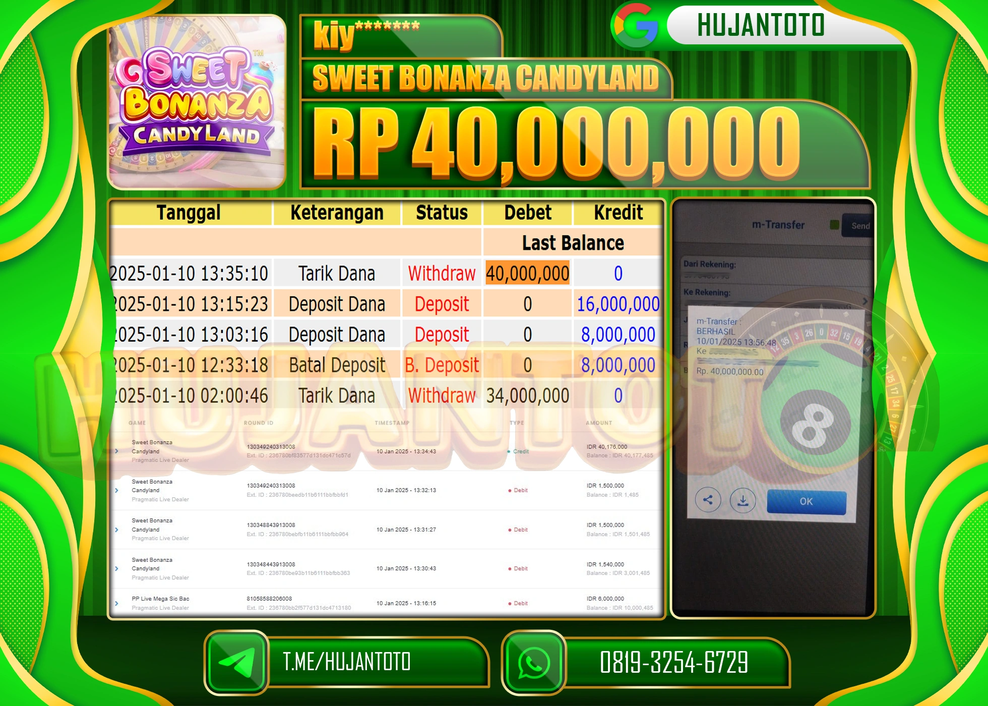 HUJANTOTO - BUKTI JACKPOT DI PERMAINAN SLOT SWEET BONANZA CANDYLAND Rp.40,000,000,- TERBAYAR LUNAS
