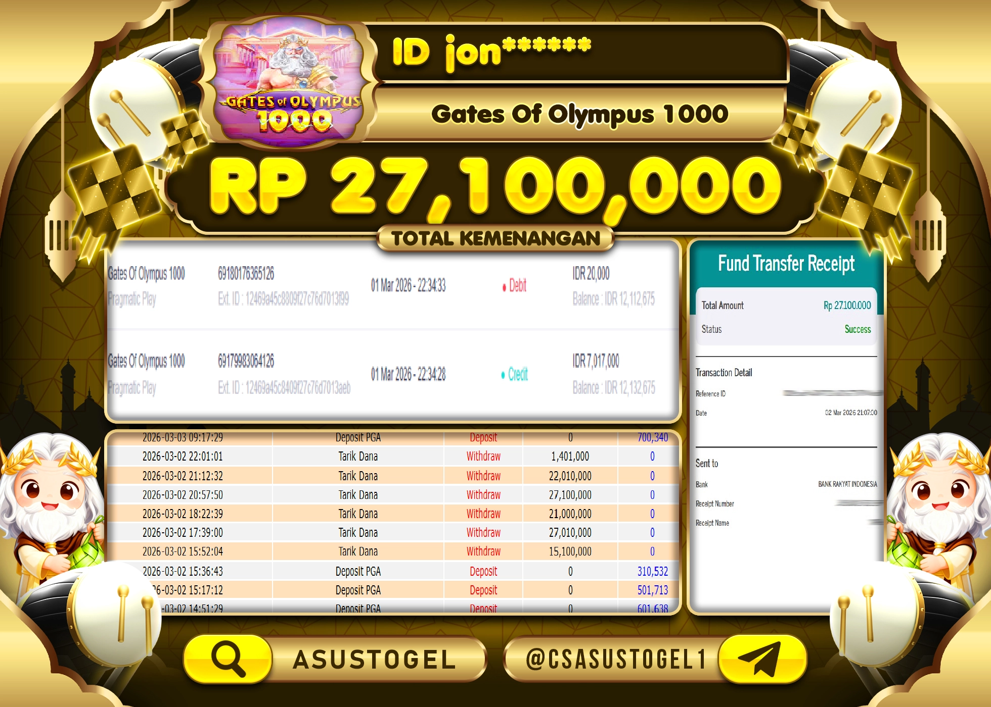 ASUSTOGEL KEMENANGAN DI SLOT GATES OF OLYMPUS 1000 SEBESAR 27,100,000 - RUPIAH LUNAS