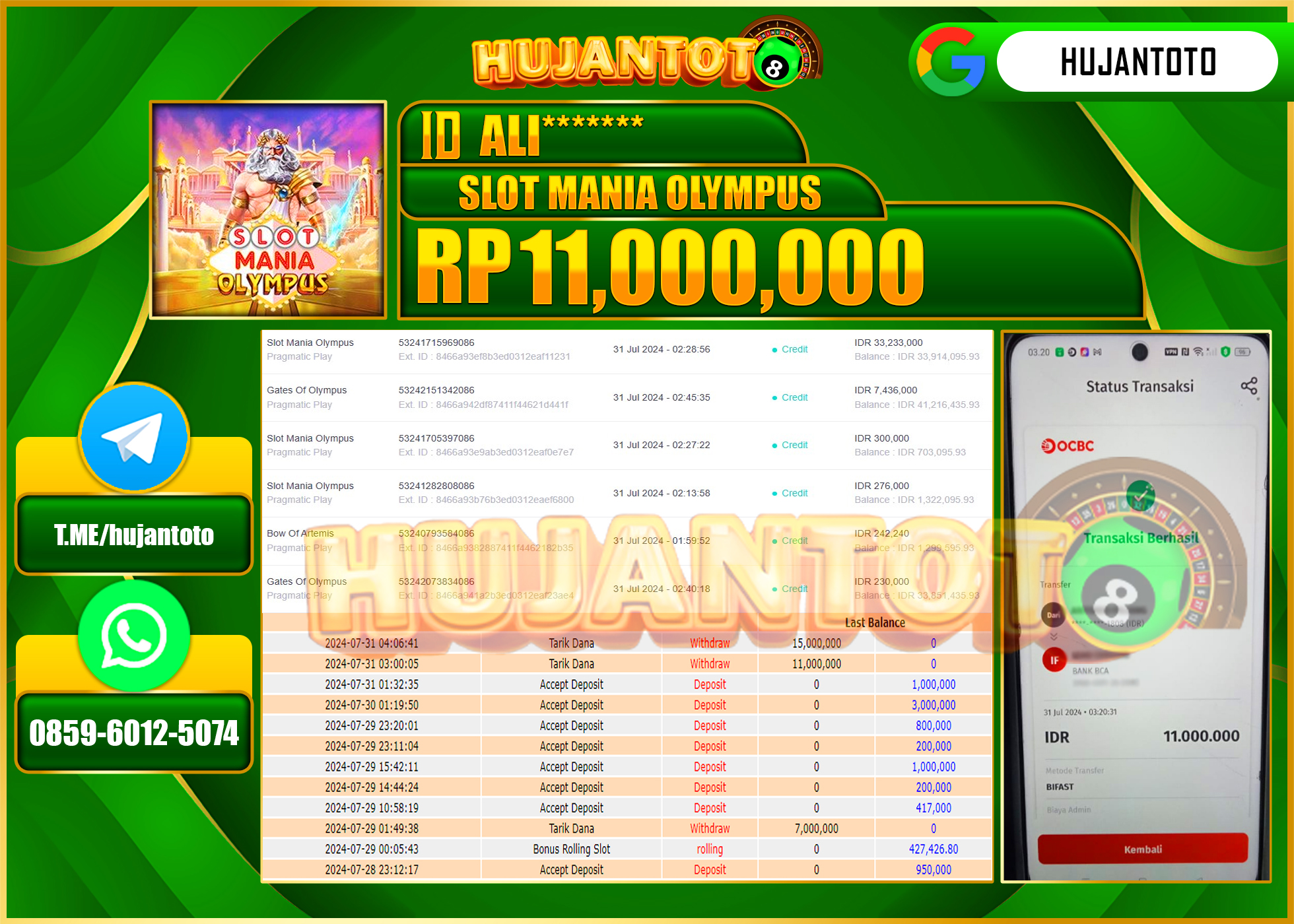 HUJANTOTO MENANG BESAR DI PERMAINAN SLOT MANIA OLYMPUS 11.000.000 - LUNAS 