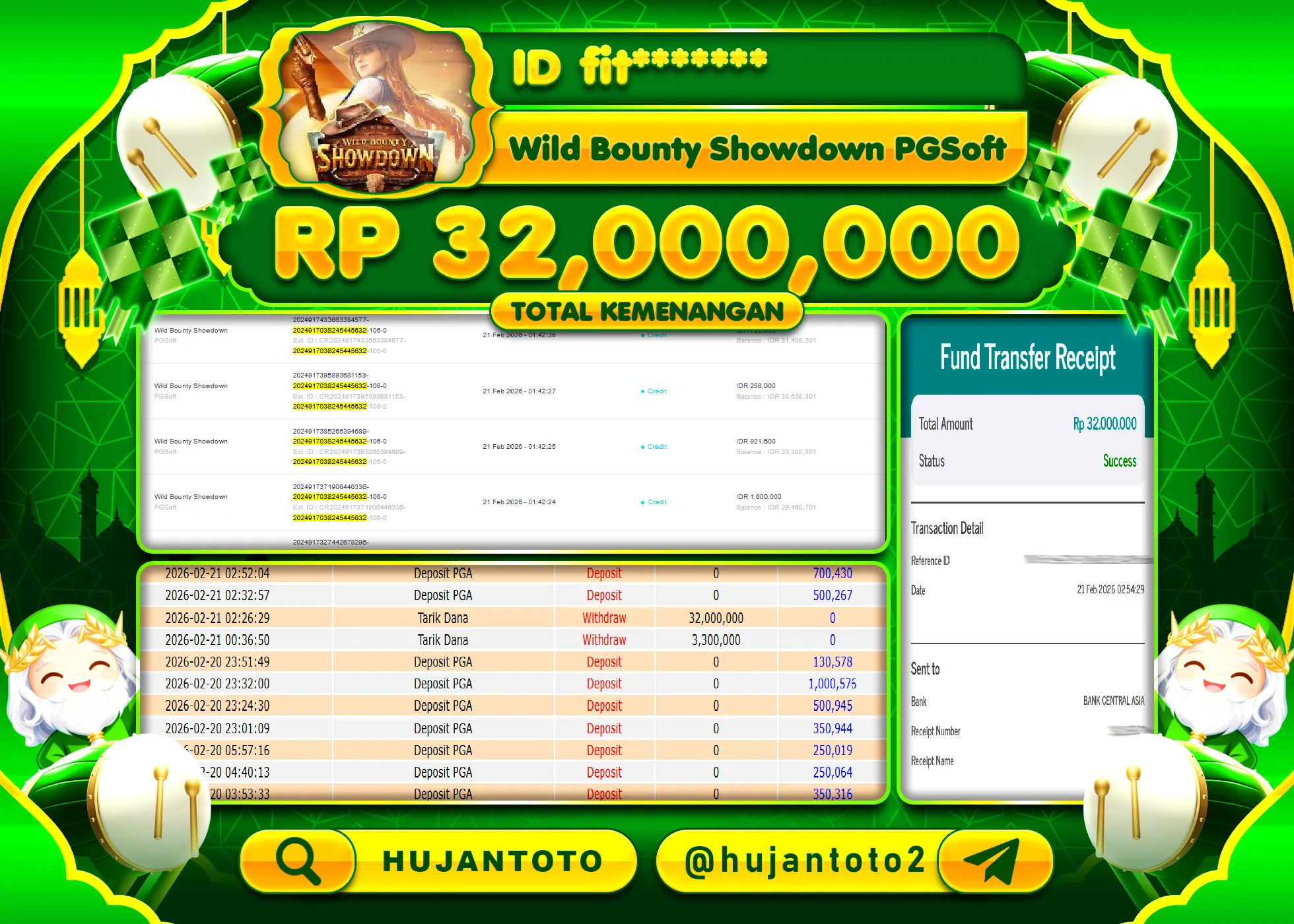 HUJANTOTO - BUKTI JACKPOT MENANG SLOT WILD BOUNTY SHOWDOWN Rp.32,000,000 - TERBAYAR LUNAS