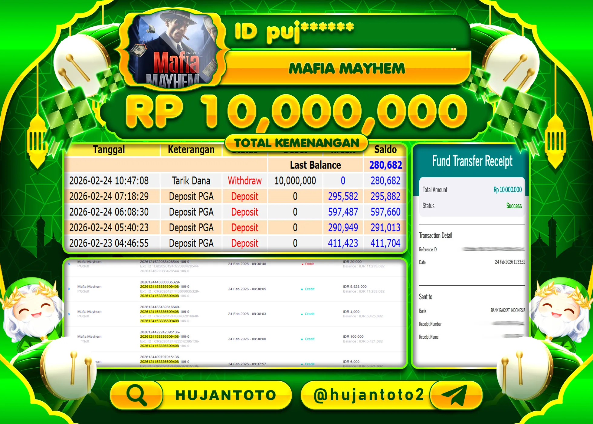 HUJANTOTO - BUKTI JACKPOT MENANG SLOT MAFIA MAYHEM PGSOFT Rp.10,000,000 - TERBAYAR LUNAS