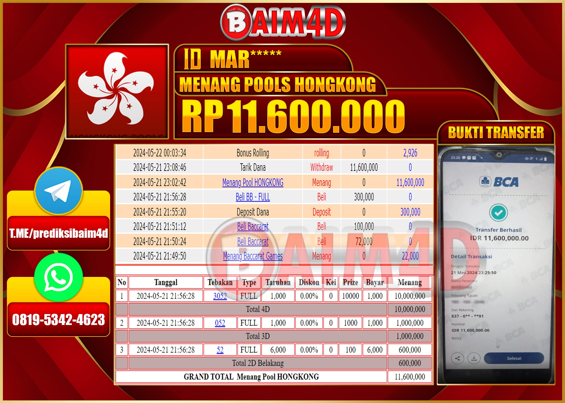 BAIM4D JACKPOT POOLS HONGKONG Rp.11.600,000.,- LUNAS