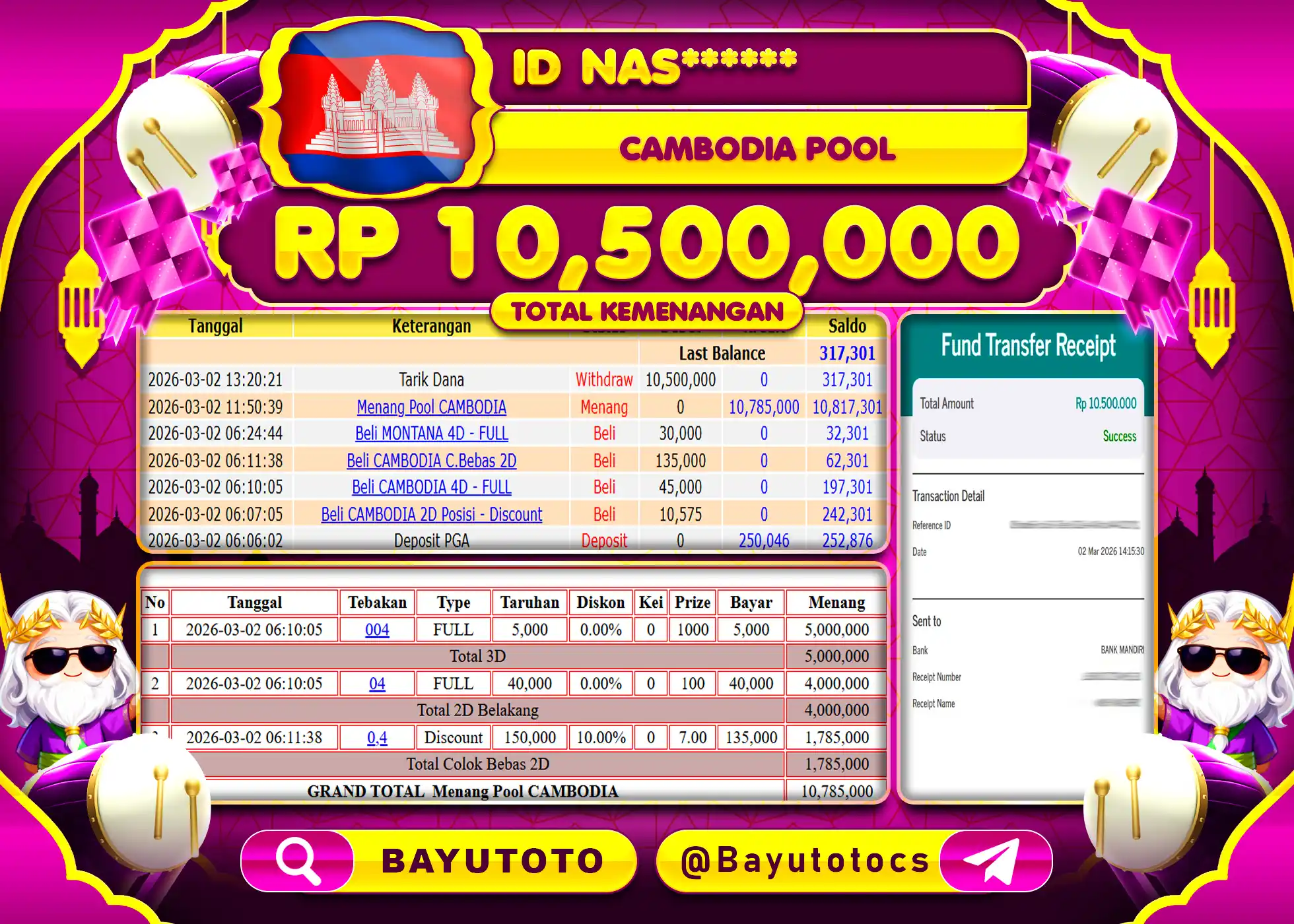 SELAMAT MEMBER SETIA BAYUTOTO JACKPOT DI PASARAN CAMBODIA POOL Rp. 10,500,000 LUNAS