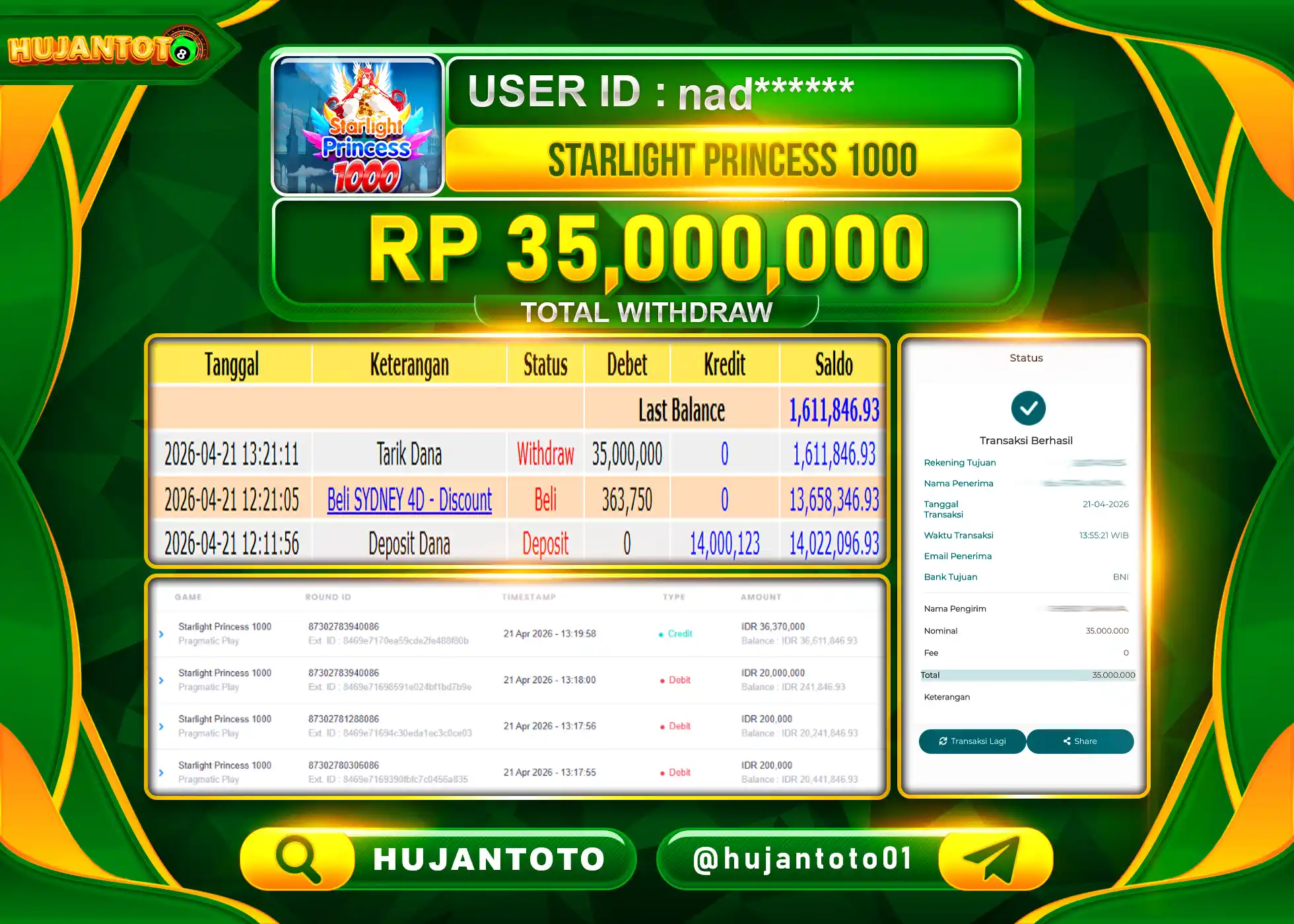 HUJANTOTO - BUKTI JACKPOT MENANG SLOT STARLIGHT PRINCESS 1000 Rp.35,000,000 - TERBAYAR LUNAS