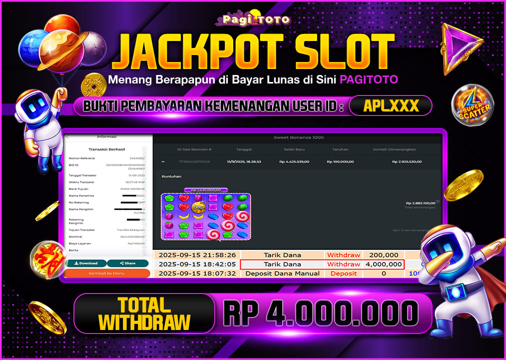 HAPPY JACKPOT MEMBER PAGITOTO SWEET BONANZA 1000 Rp4.000.000-, - LUNAS