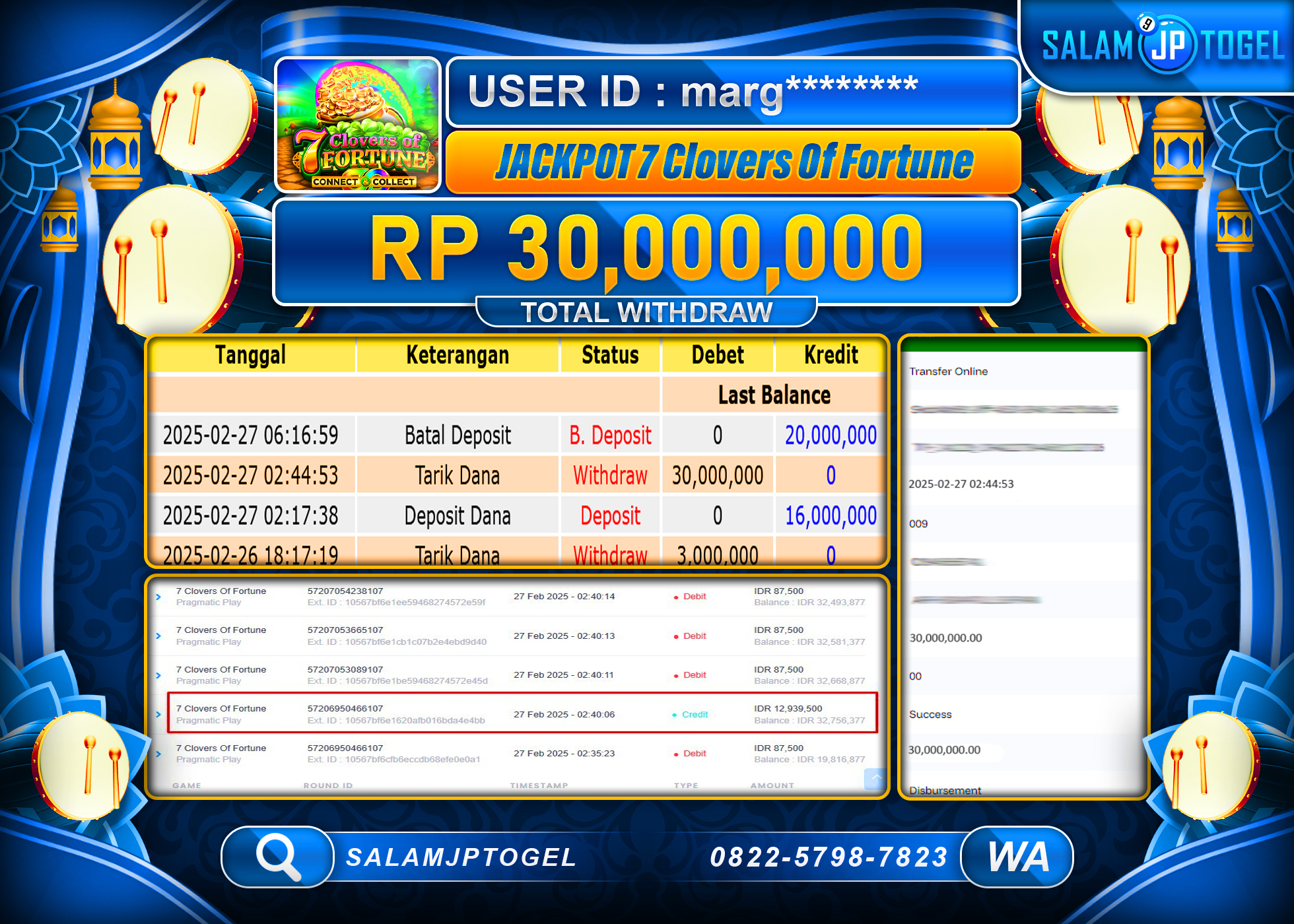 SALAMJPTOGEL MENANG 7 CLOVERS OF FORTUNE Rp. 30,000,000  LUNAS