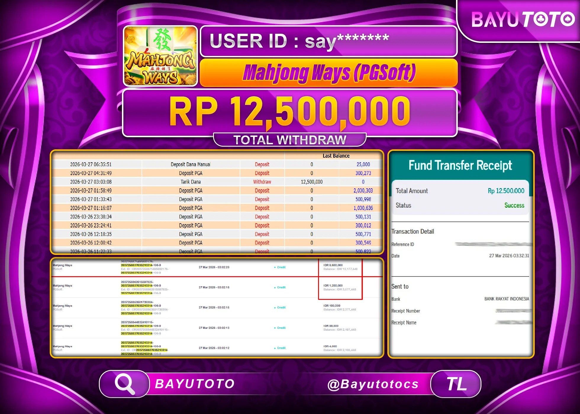 SELAMAT MEMBER SETIA BAYUTOTO JACKPOT DI SLOT MAHJONG WAYS  (PGSOFT) Rp. 12,500,000 LUNAS