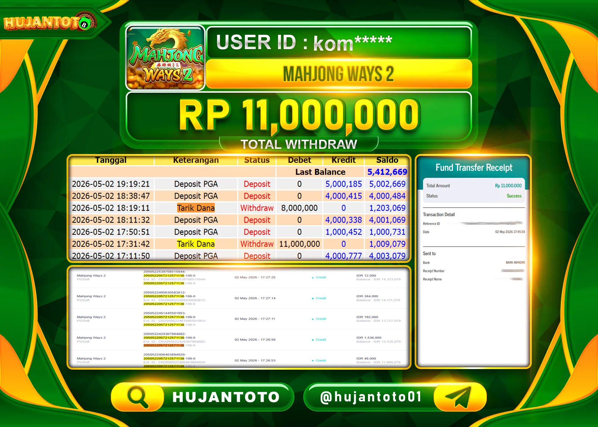 HUJANTOTO - BUKTI JACKPOT MENANG SLOT MAHJONG WAYS 2 PG SOFT  Rp.11,000,000 - TERBAYAR LUNAS