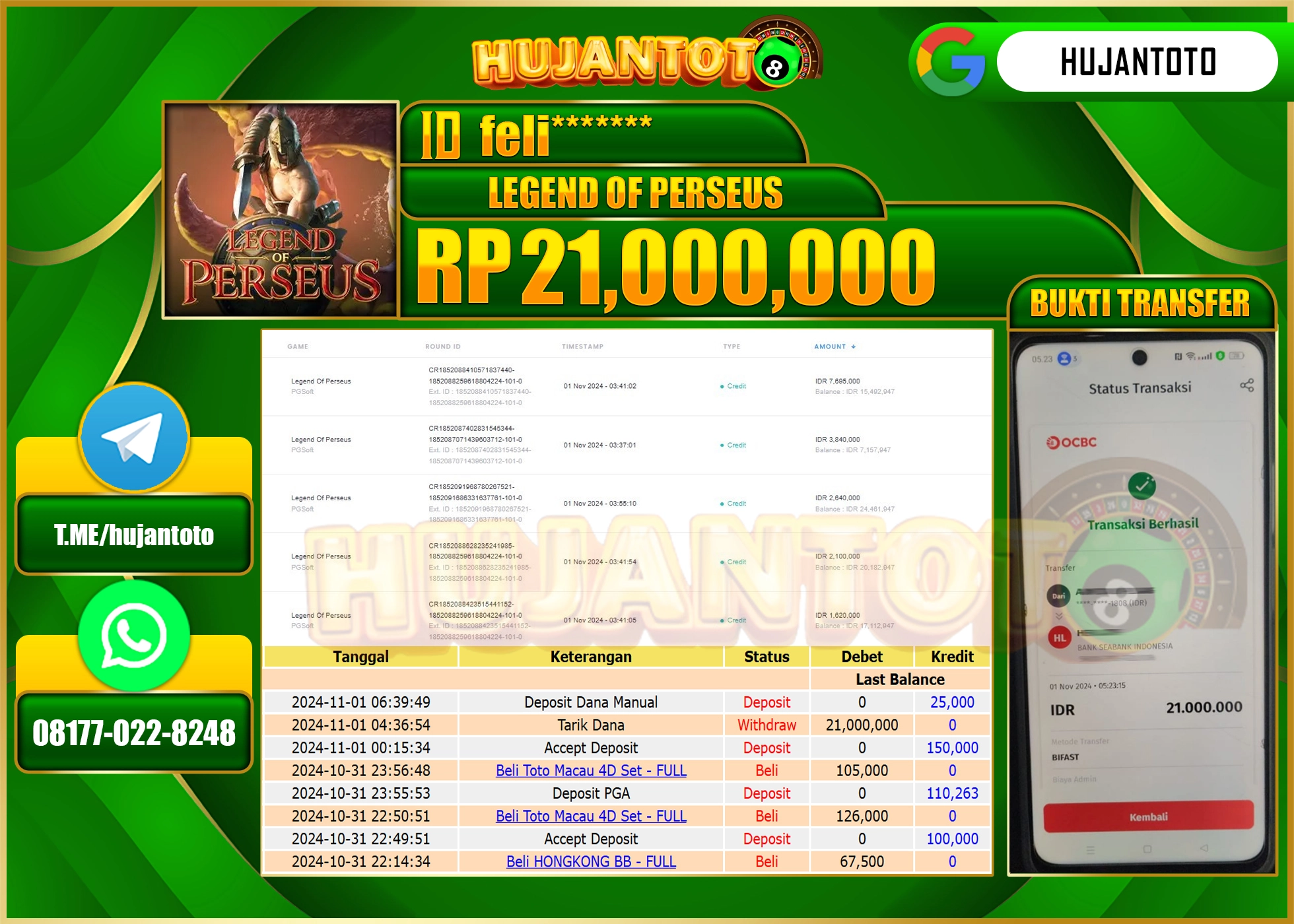 HUJANTOTO MENANG DI PERMAINAN LEGEND OF PERSEUS - 21,000,000  - LUNAS