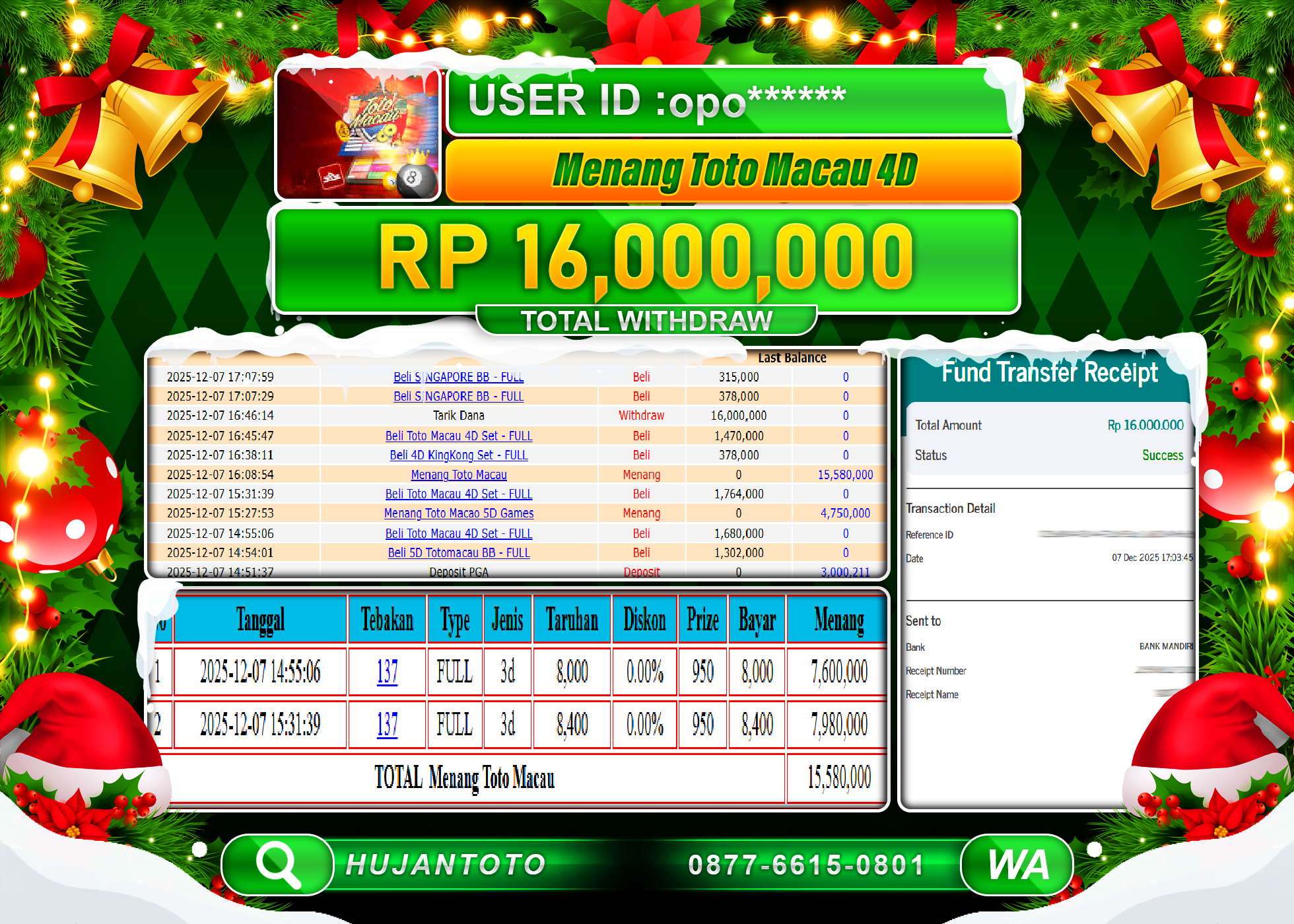 HUJANTOTO - BUKTI JACKPOT MENANG TOGEL TOTO MACAU 4D Rp.16,000,000 - TERBAYAR LUNAS