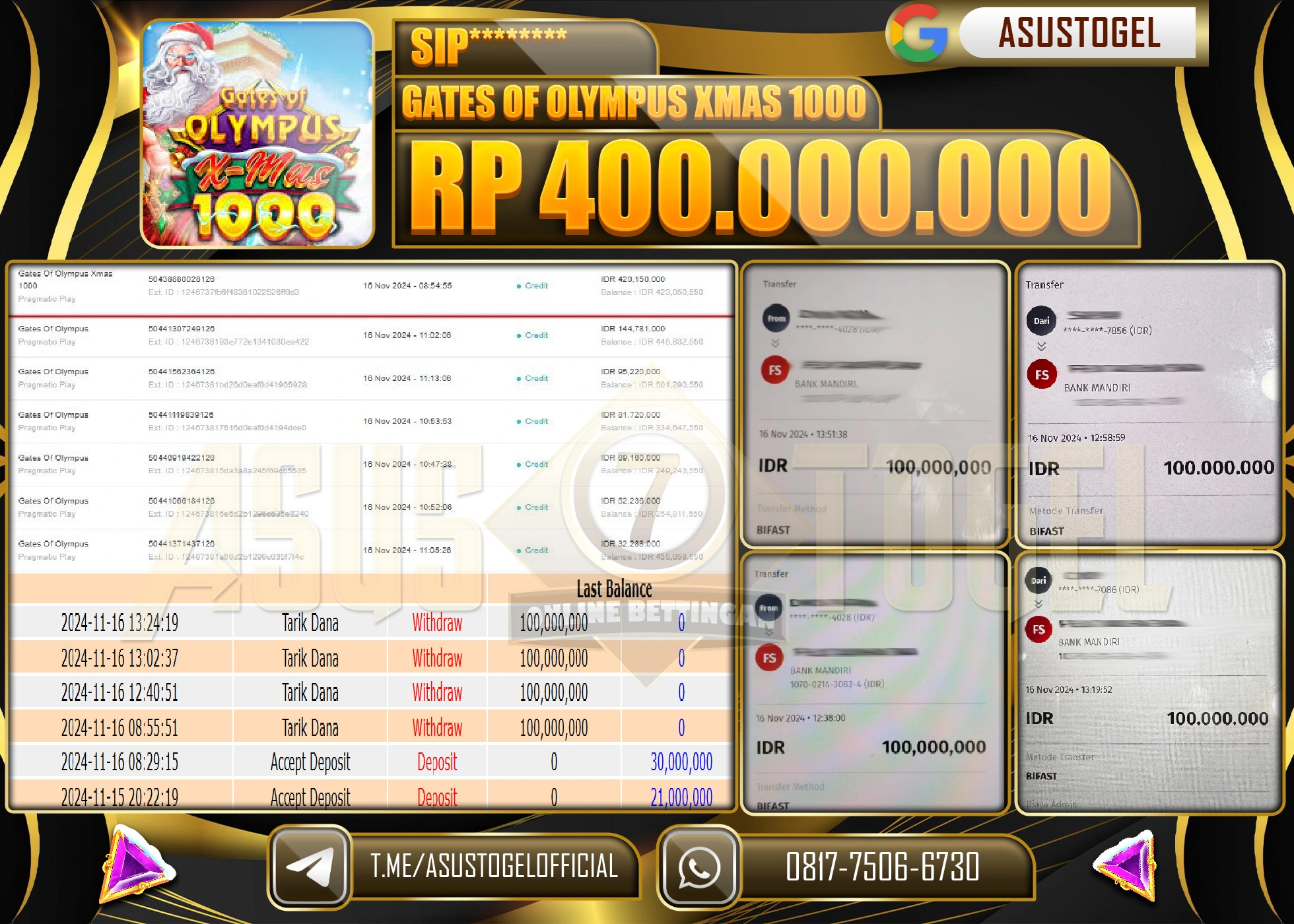 ASUSTOGEL KEMENANGAN DI SLOT GATES OF OLYMPUS  XMAS 1000 SEBESAR 400,000,000- RUPIAH LUNAS