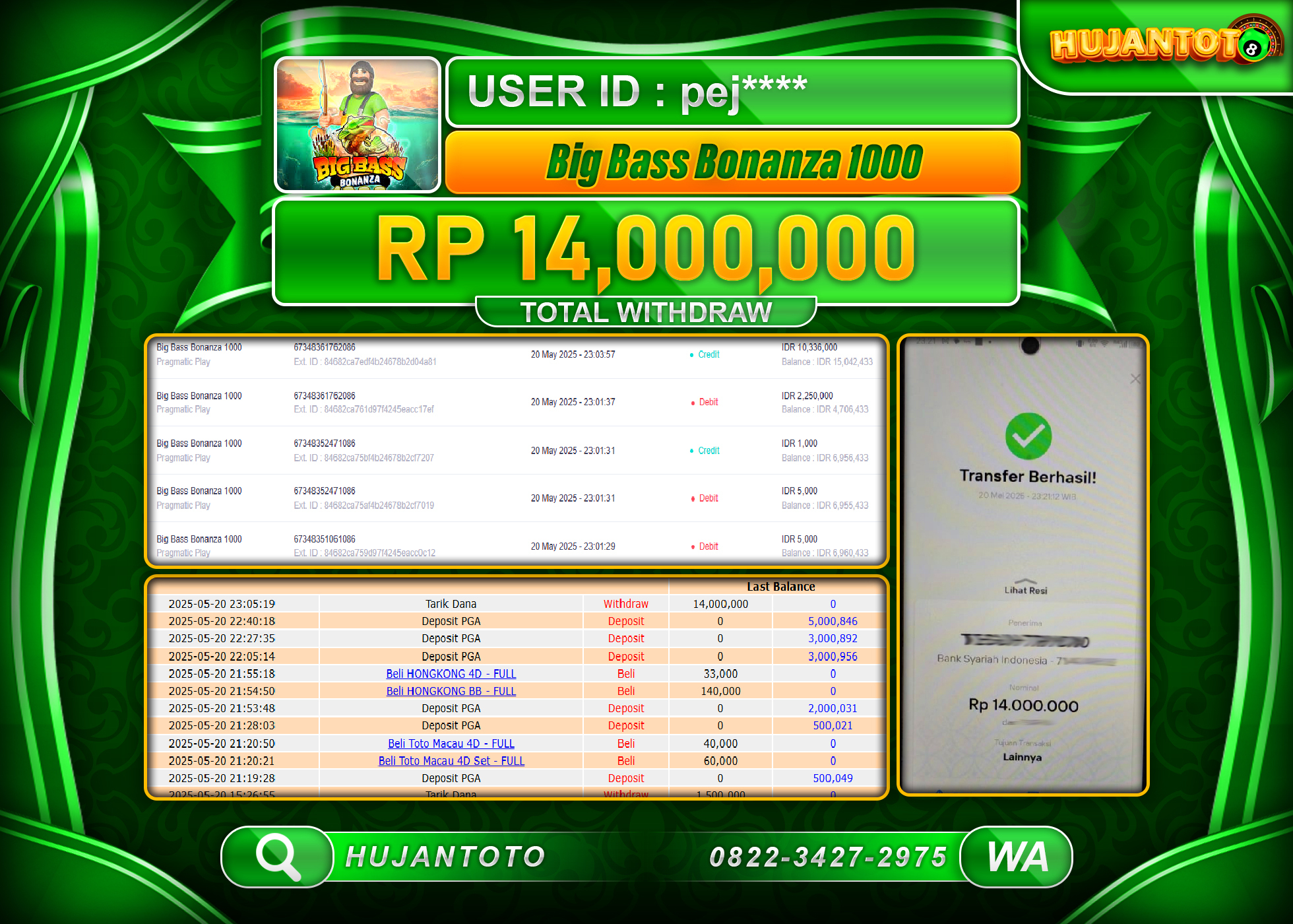 HUJANTOTO - BUKTI JACKPOT MENANG SLOT Big Bass Bonanza 1000 Rp,14,000,000 - TERBAYAR LUNAS