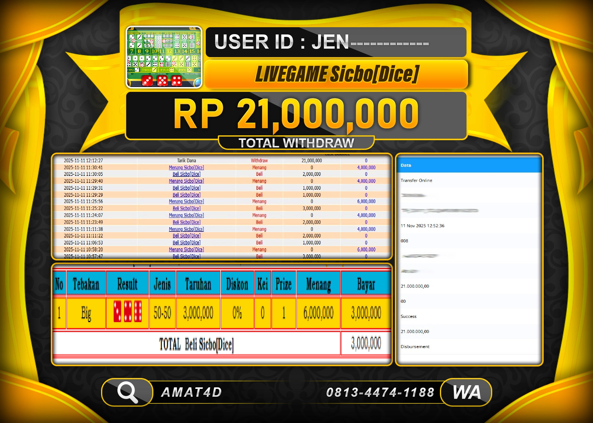 AMAT4D KEMENANGAN LIVE GAME SICBO DICE Rp.12.000.000 BERHASIL TERBAYAR LUNAS