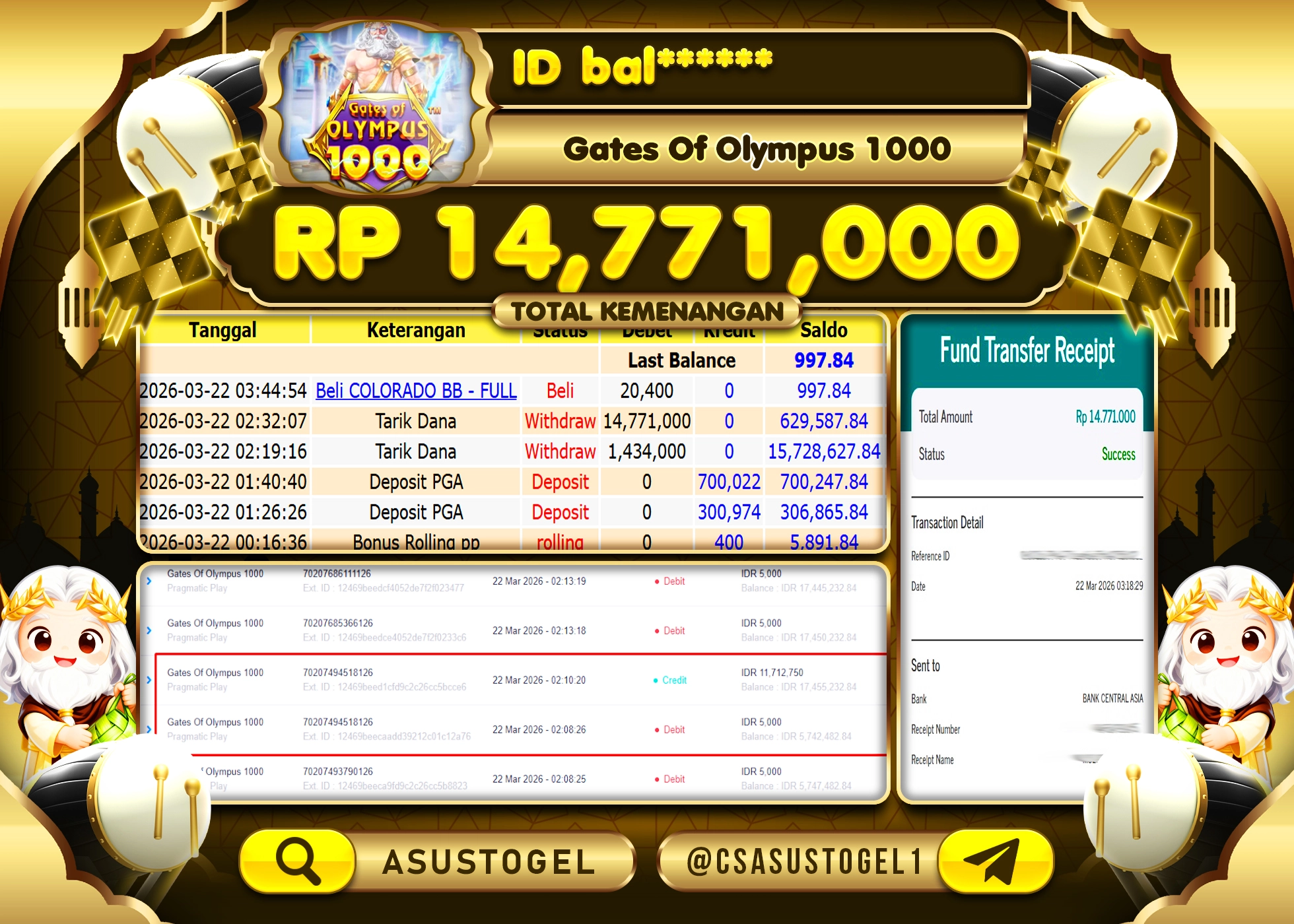 ASUSTOGEL KEMENANGAN JACKPOT DI SLOT GATES OF OLYMPUS 1000 PP Rp.14,771,000 - RUPIAH LUNAS
