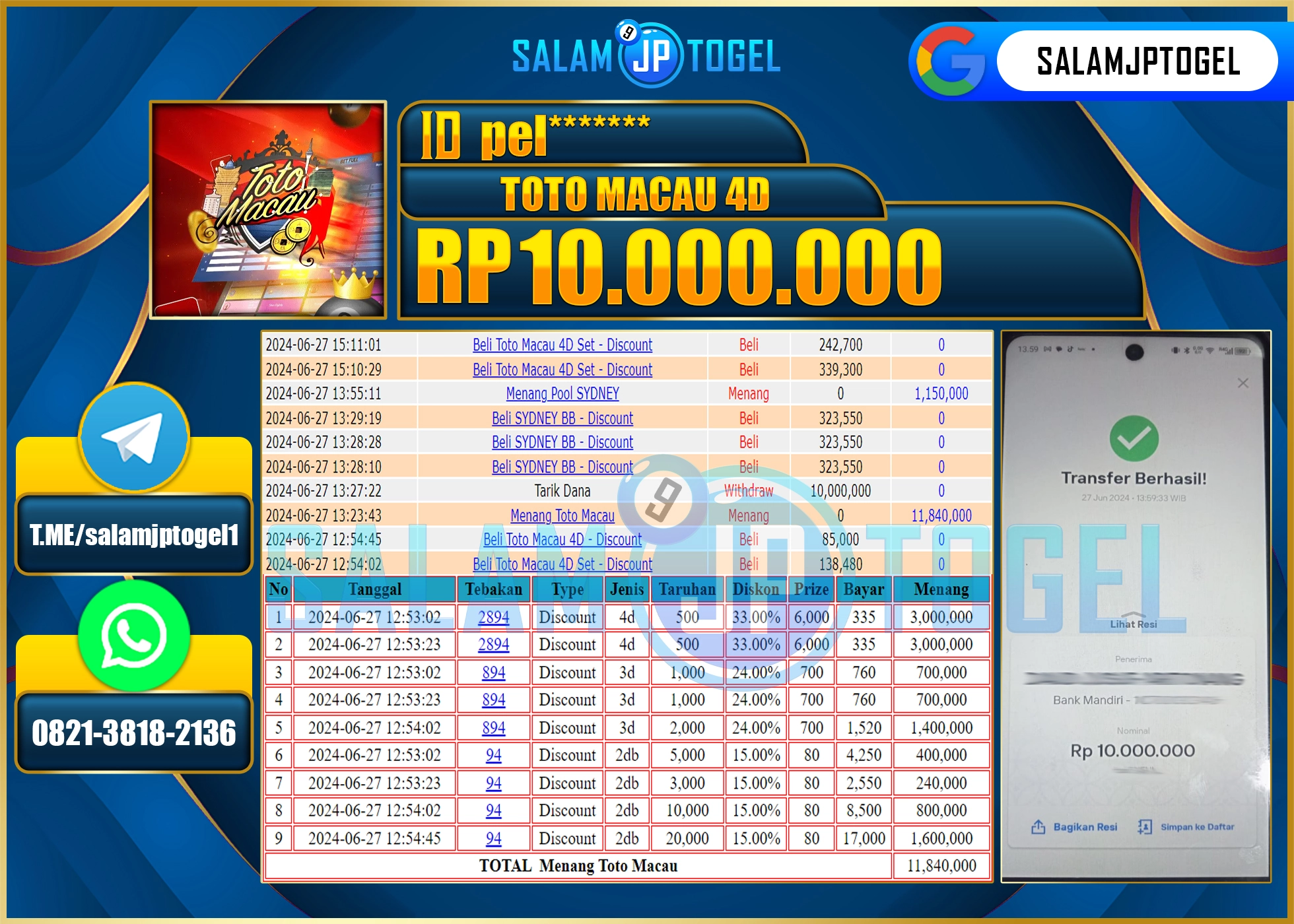 SALAMJPTOGEL MENANG TOTO MACAU RP. 10,000,000.,LUNAS