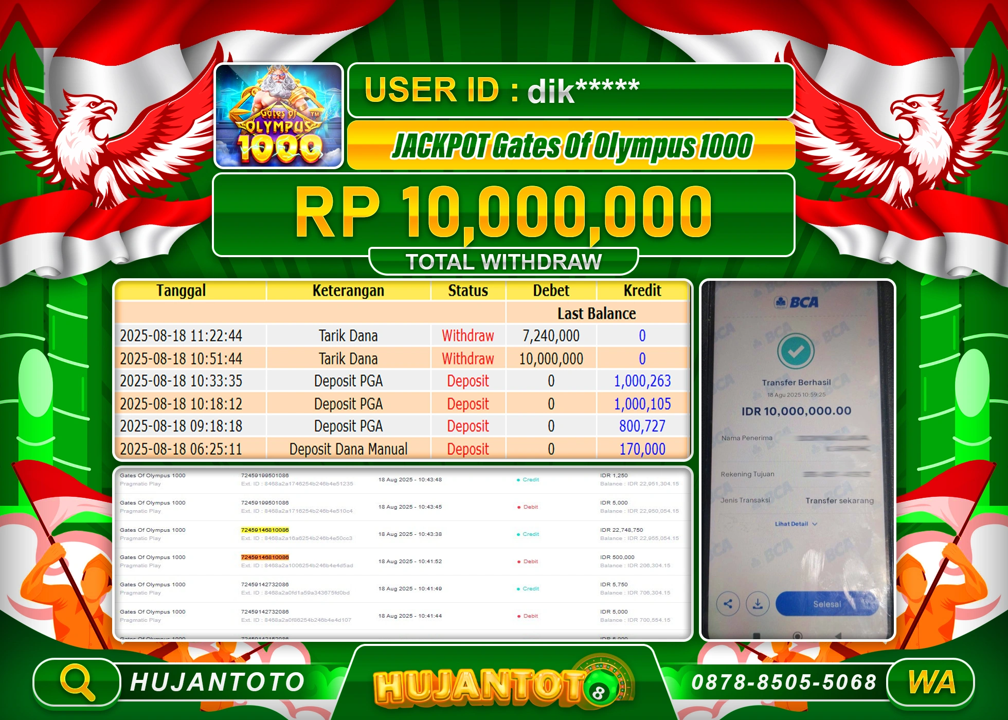 HUJANTOTO - BUKTI JACKPOT MENANG SLOT GATES OF OLYMPUS 1000 Rp.10,000,000 - TERBAYAR LUNAS
