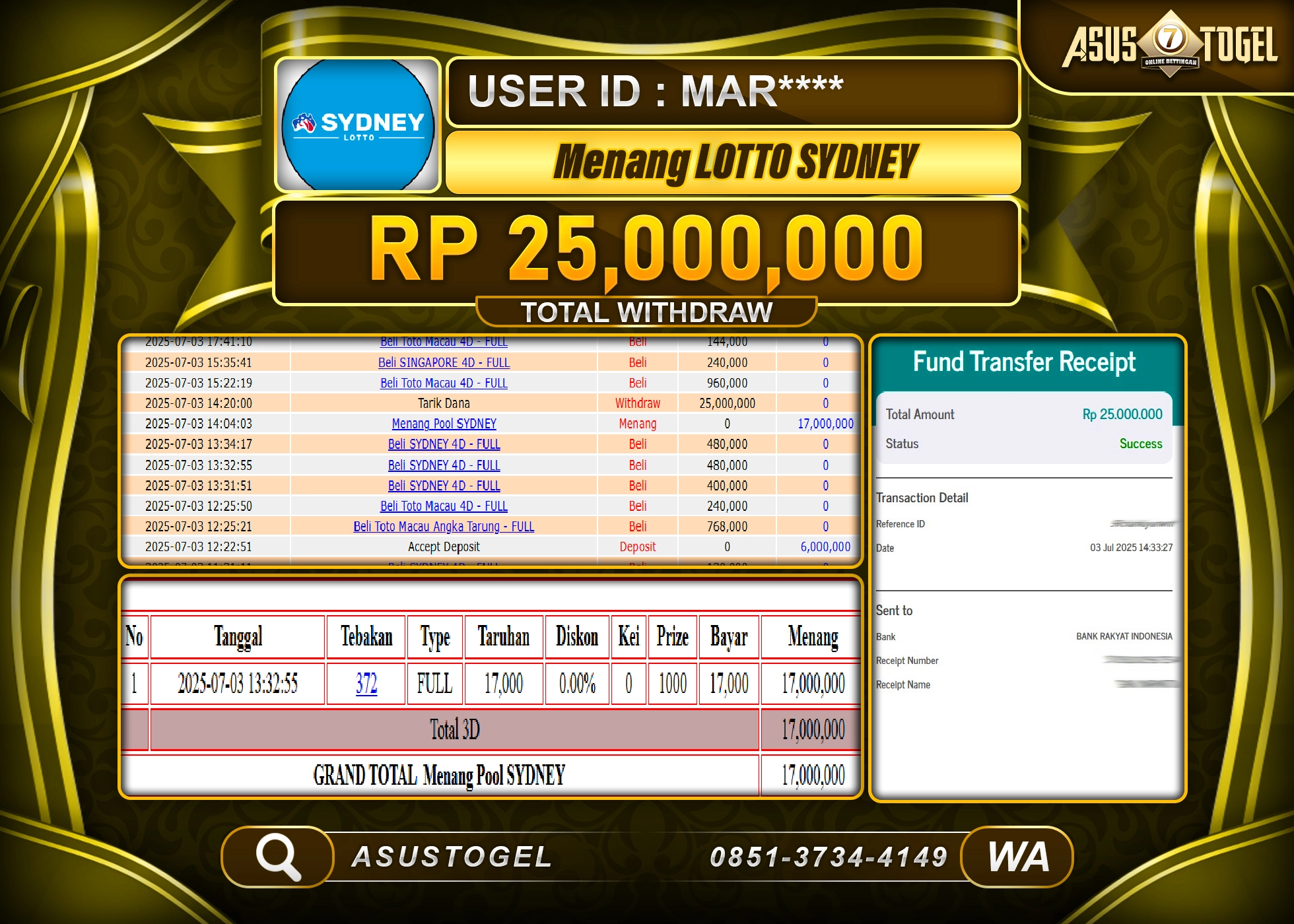 ASUSTOGEL KEMENANGAN DI TOGEL SYDNEY LOTTO SEBESAR 25,000,000- RUPIAH LUNAS