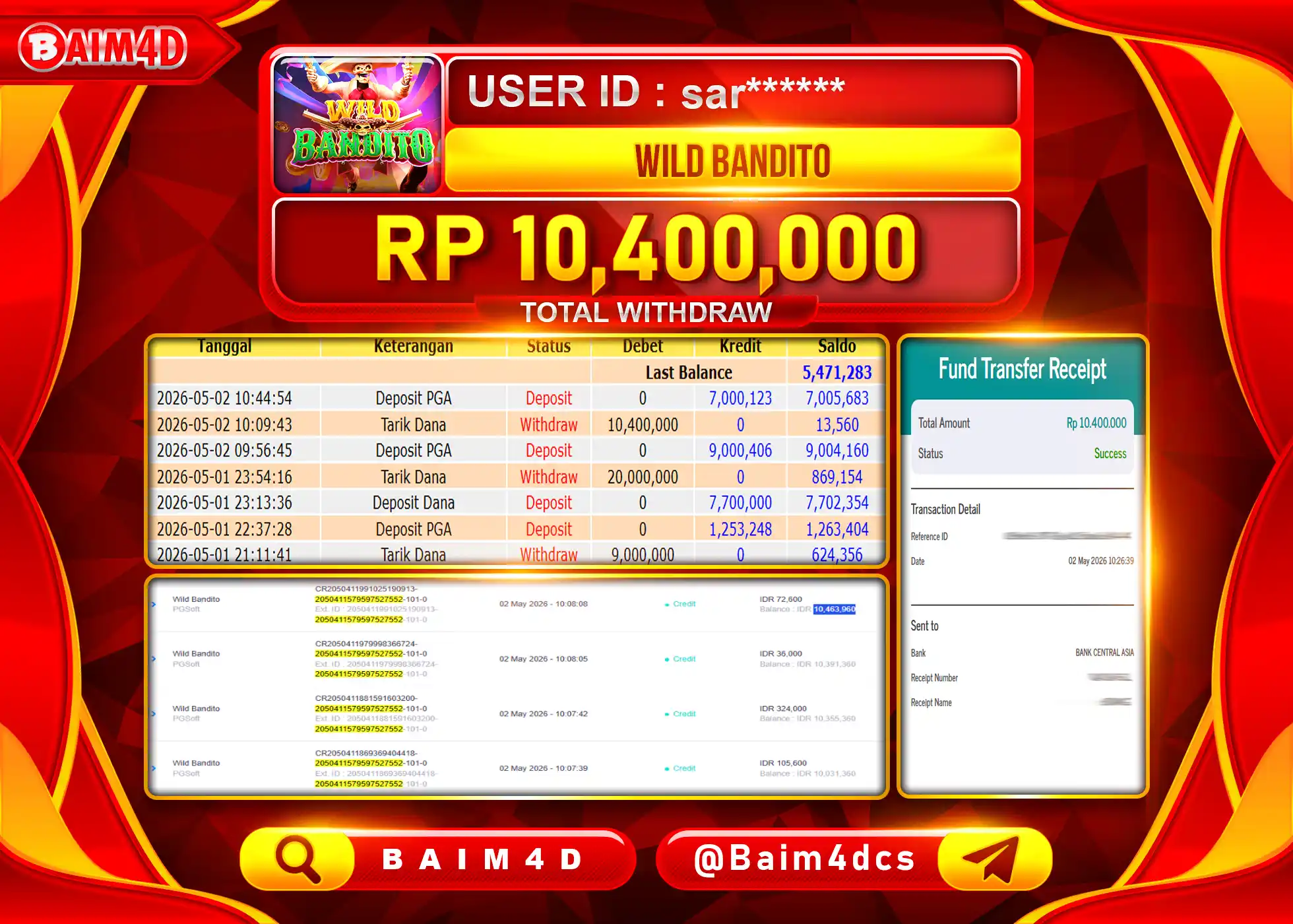 BAIM4D JACKPOT SLOT WILD BANDITO PGSOFT Rp.10,400,000 - LUNAS