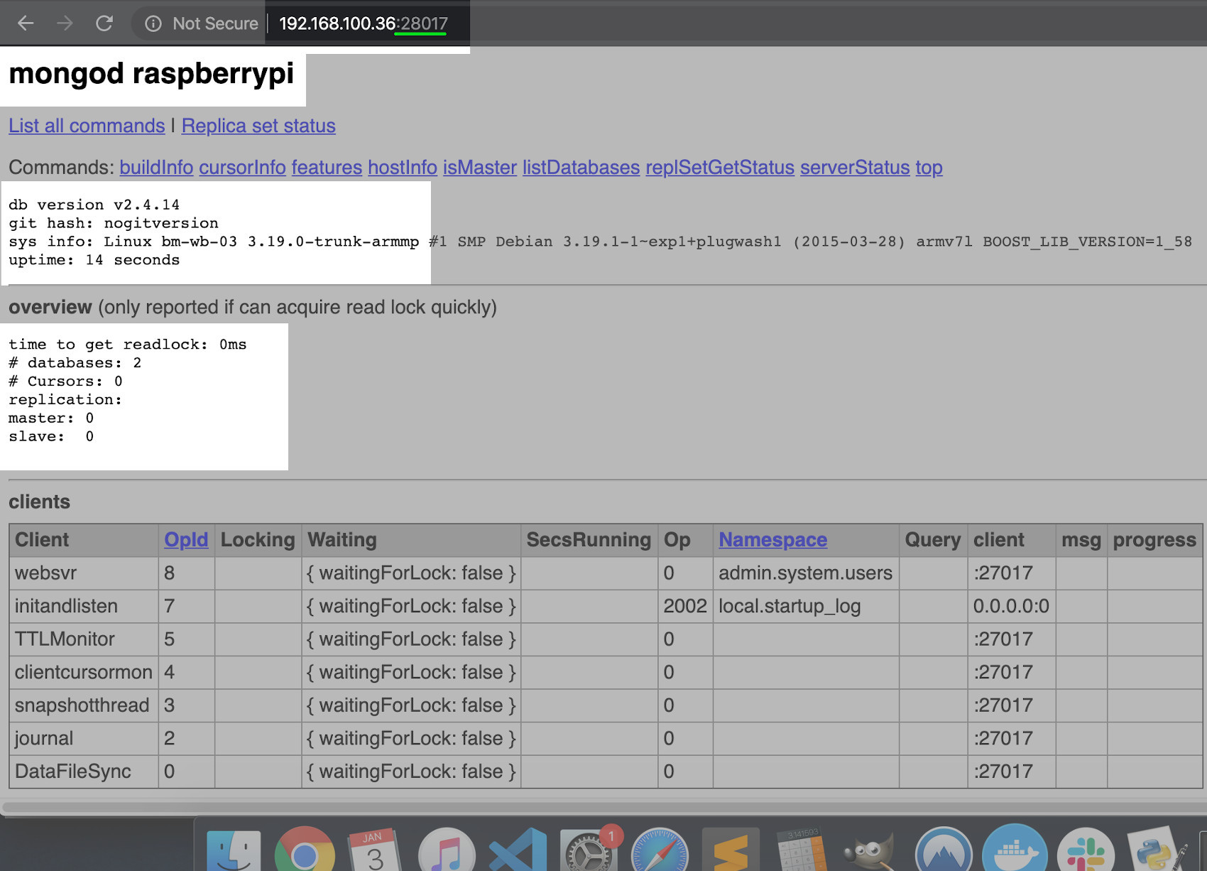 Screenshot of MongoDB from a Raspberry Pi remote access in a browser