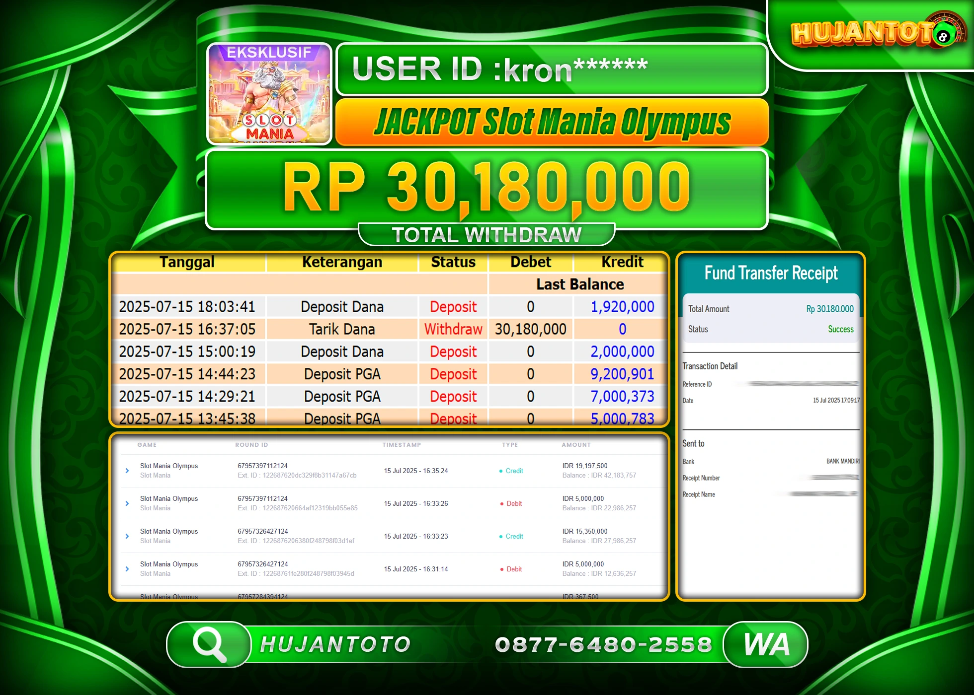 HUJANTOTO - BUKTI JACKPOT MENANG SLOT SLOT MANUA OLYMPUS Rp.30,180,000 - TERBAYAR LUNAS