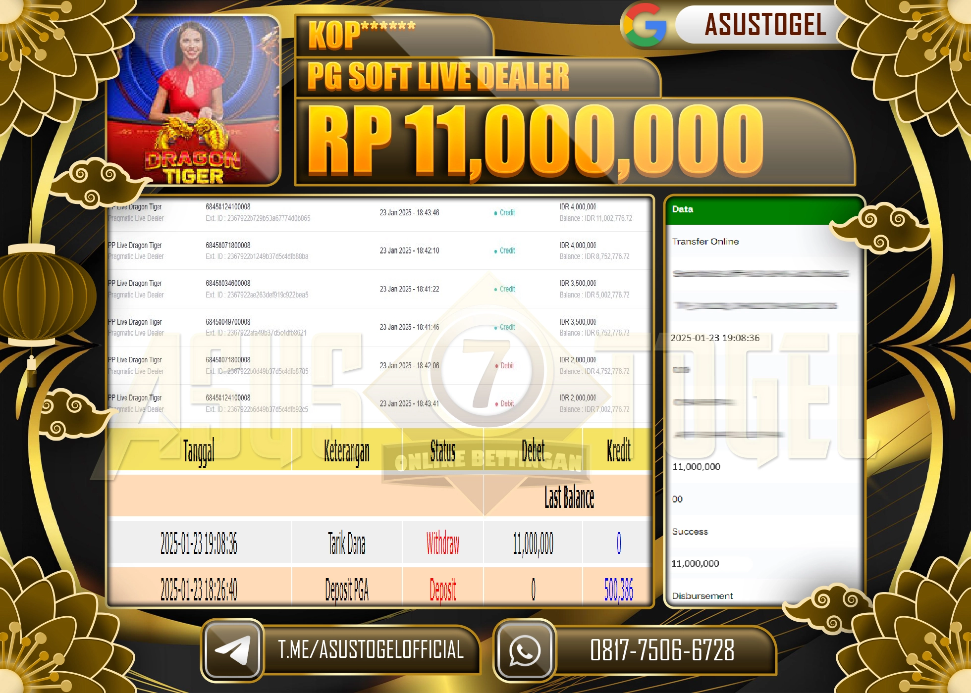 ASUSTOGEL KEMENANGAN DI PG SOFT LIVE DEALER SEBESAR 11,000.000- RUPIAH LUNAS