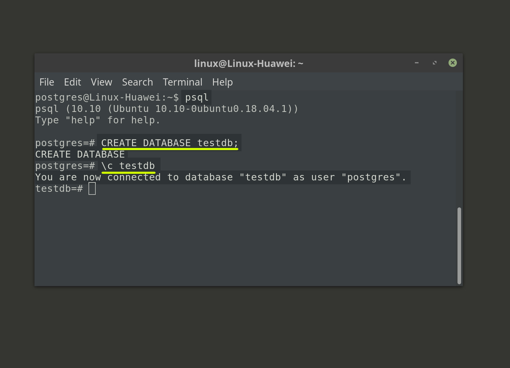 Screenshot of creating a PostgreSQL database in psql and connecting to it