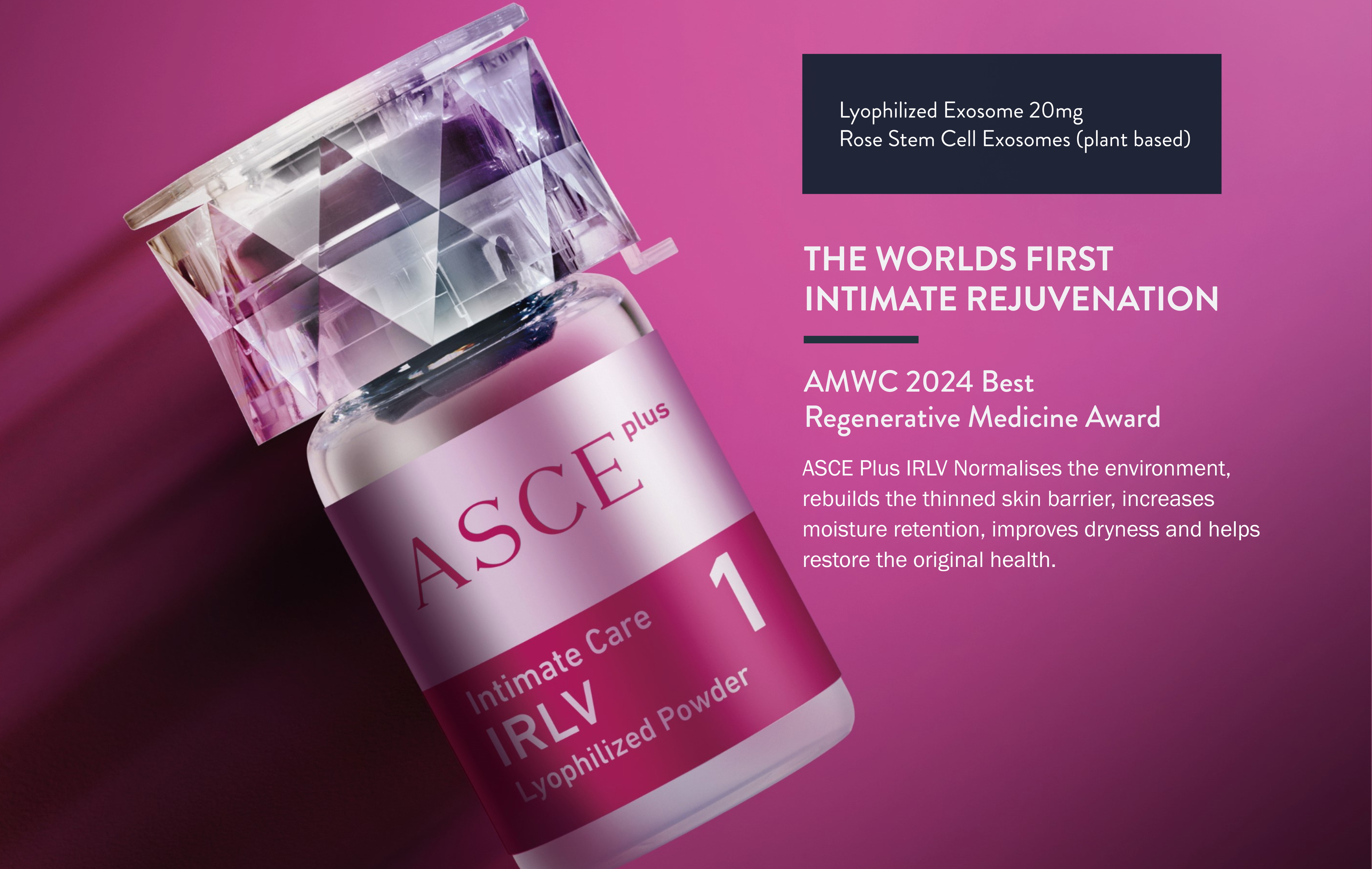 ASCE Plus IRLV lyophilized exosome powder for intimate care, awarded AMWC 2024 Best Regenerative Medicine Award.