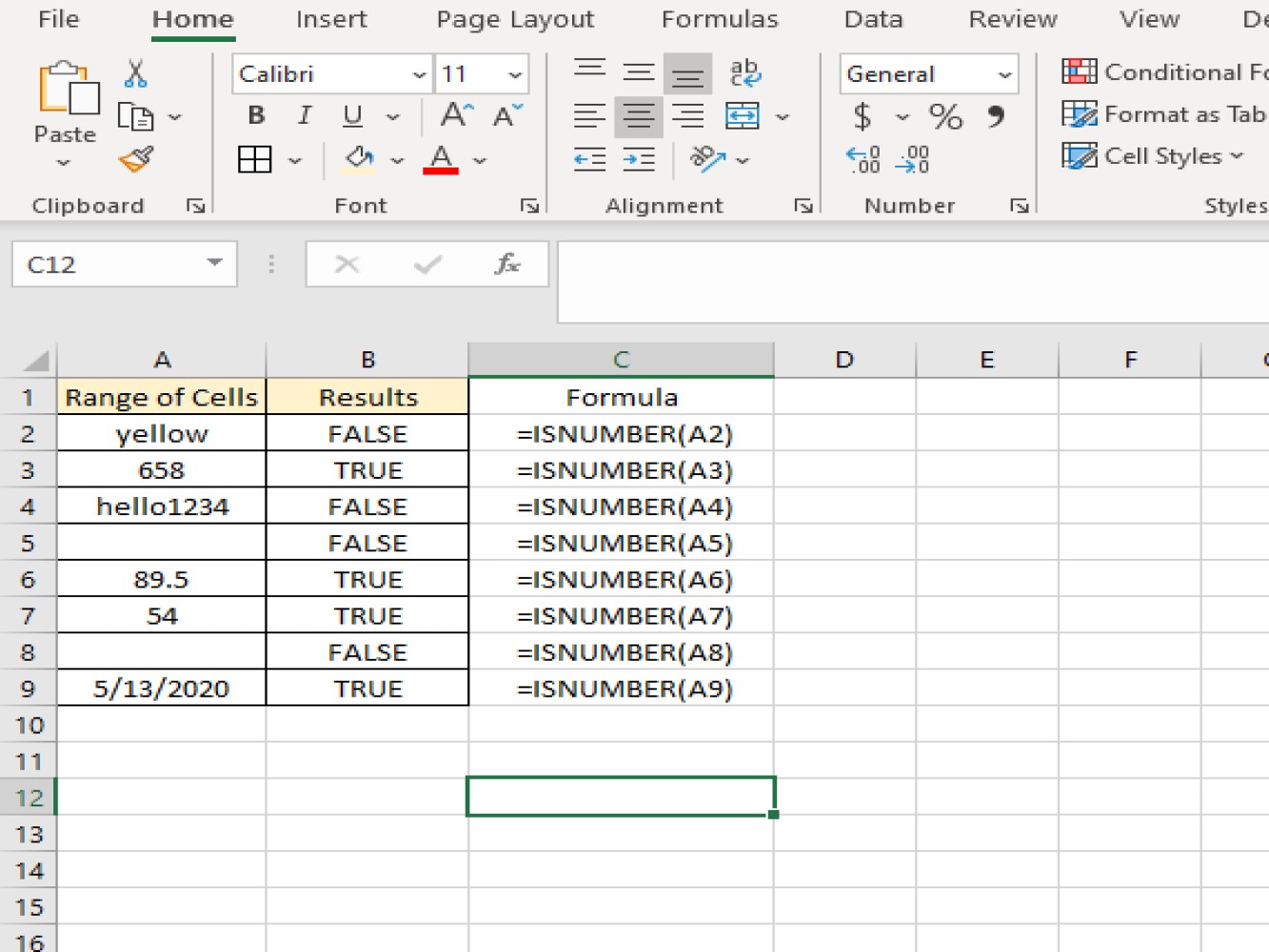 Screenshot of IsNumber using formulas in ordinary excel