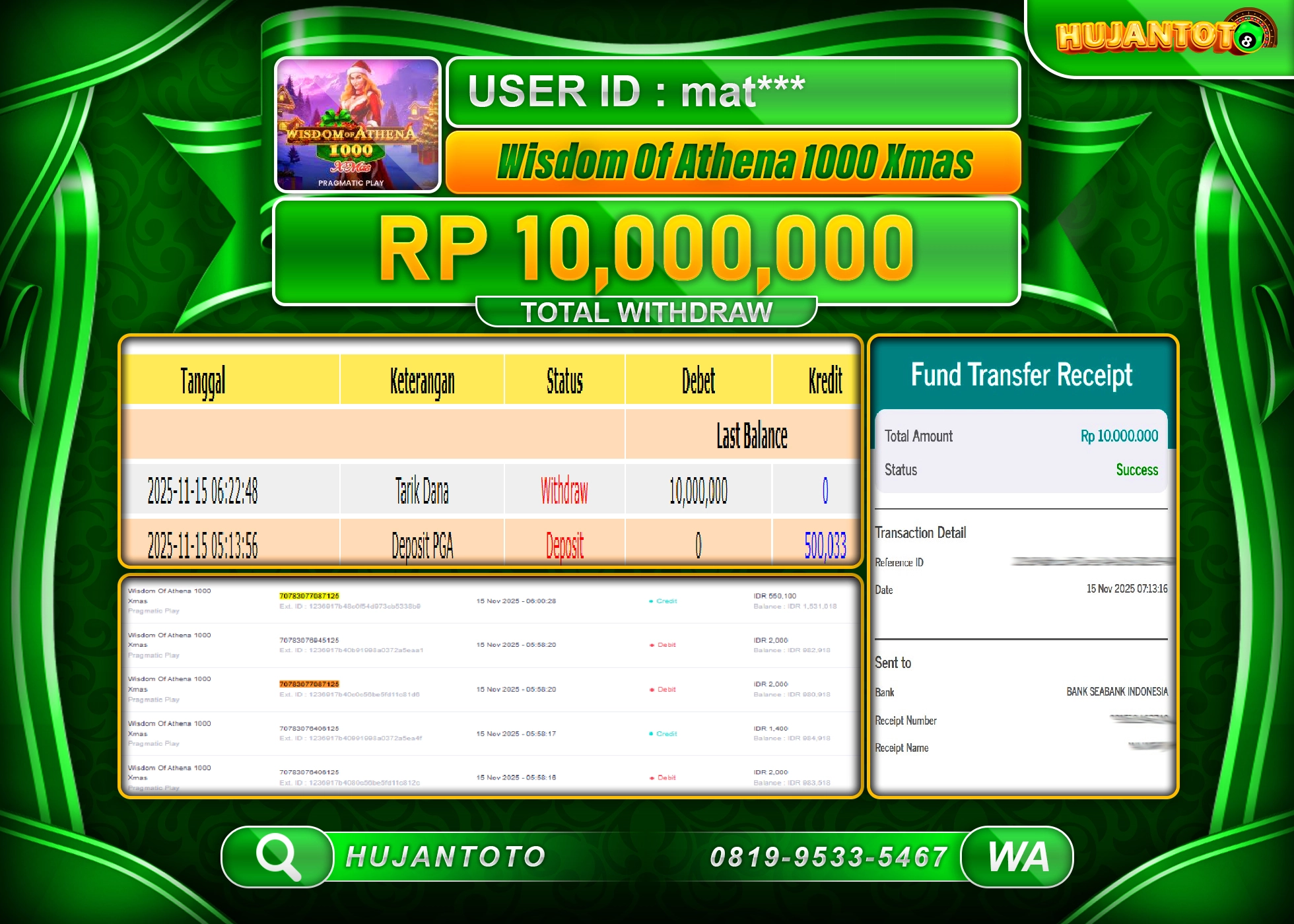 HUJANTOTO - BUKTI JACKPOT MENANG WISDOM OF ATHENA 1000 XMAS Rp.10,000,000 - TERBAYAR LUNAS