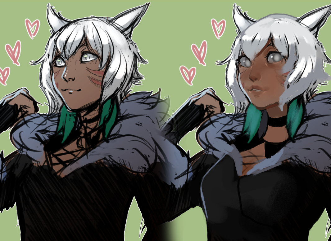an older drawong of y'shtola from ffxiv that i drew compared to my current painting over of the same drawing