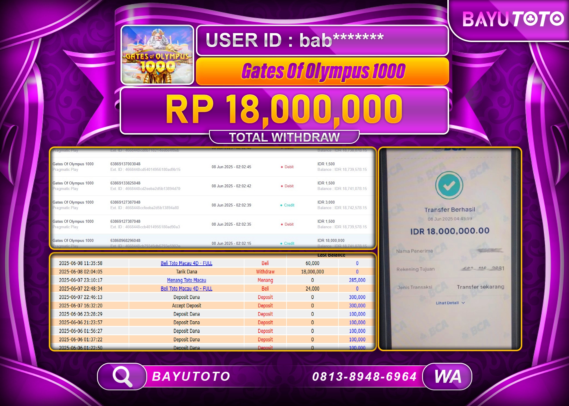 BAYUTOTO JACKPOT DI SLOT Gates Of Olympus 1000 Rp.18,000,000 LUNAS