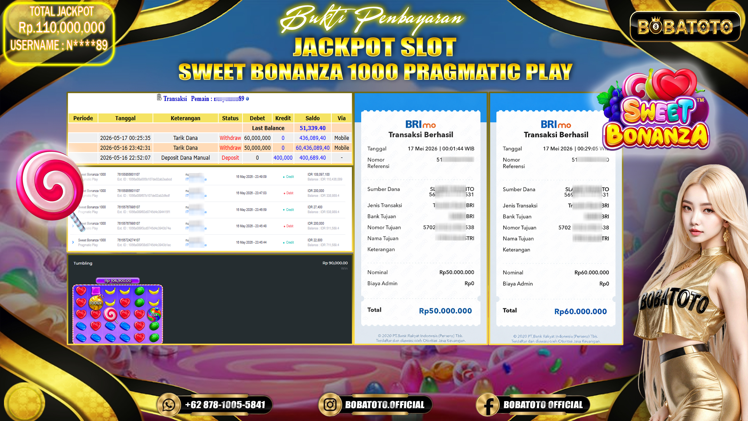 BOBATOTO JACKPOT  SLOT PRAGMATIC SWEET BONANZA 1000  Rp.110,000,000,- LUNAS!!!