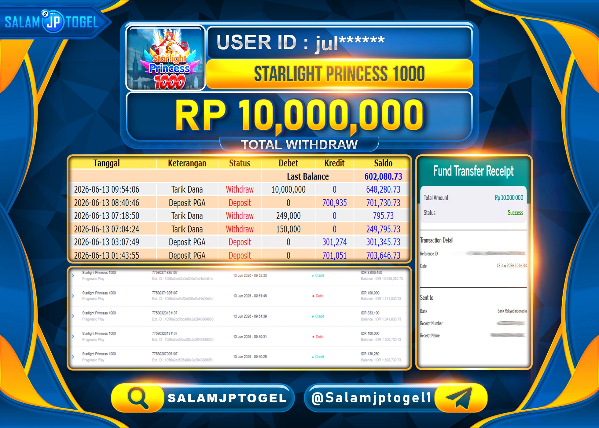 SALAMJPTOGEL JACKPOT MENANG SLOT STARLIGHT PRINCESS 1000 Rp.10,000,000 - LUNAS