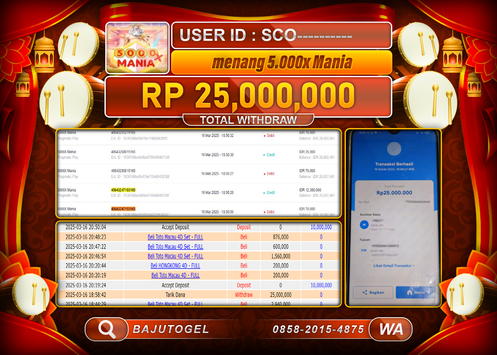 BAJUTOGEL KEMENANGAN 5.000X MANIA Rp.25.000.000 LUNAS