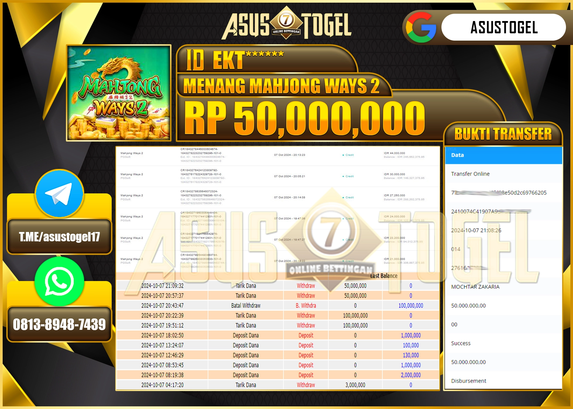 ASUSTOGEL KEMENANGAN  DI GAMES   MENANG    MAHJONG WAYS 2    SEBESAR 50,000,000- RUPIAH LUNAS