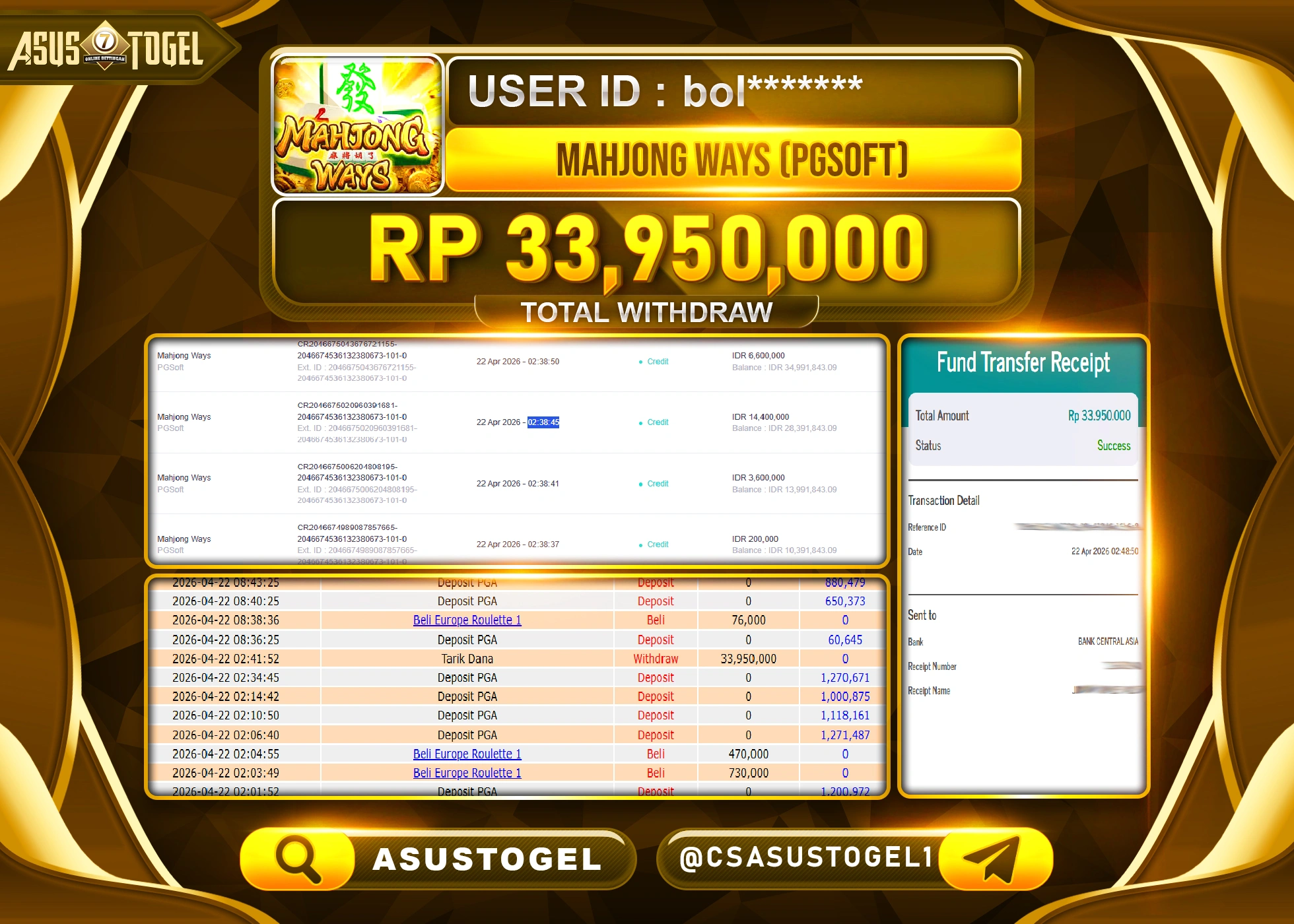 ASUSTOGEL KEMENANGAN JACKPOT DI PERMAINAN MAHJONG WAYS PG SOFT SEBESAR Rp.33,950,000 - RUPIAH LUNAS