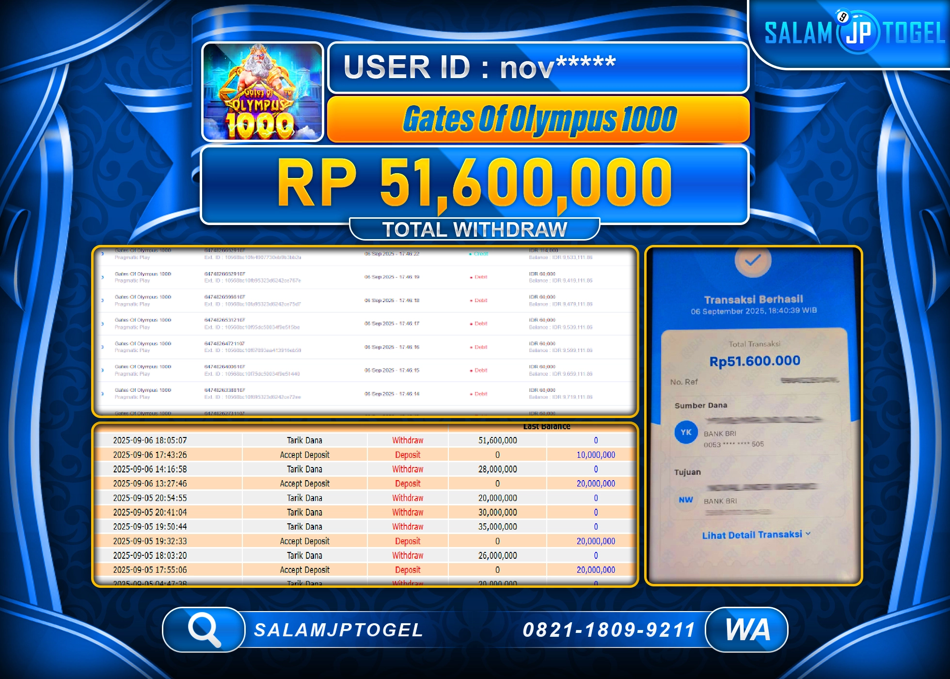 SALAMJPTOGEL MENANG GATES OF OLYMPUS 1000  Rp.51,600,000