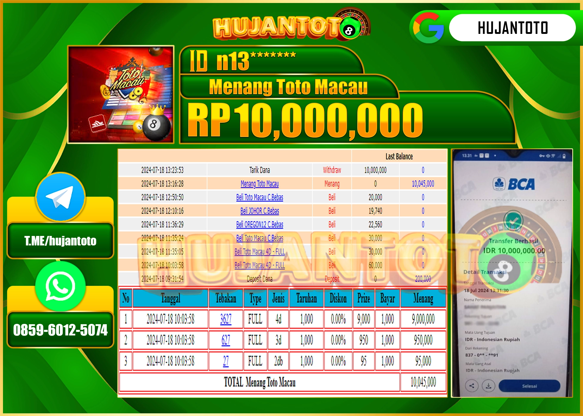 HUJANTOTO MENANG PERMAINAN TOGEL TOTO MACAU 4D 10.000.000 - LUNAS 